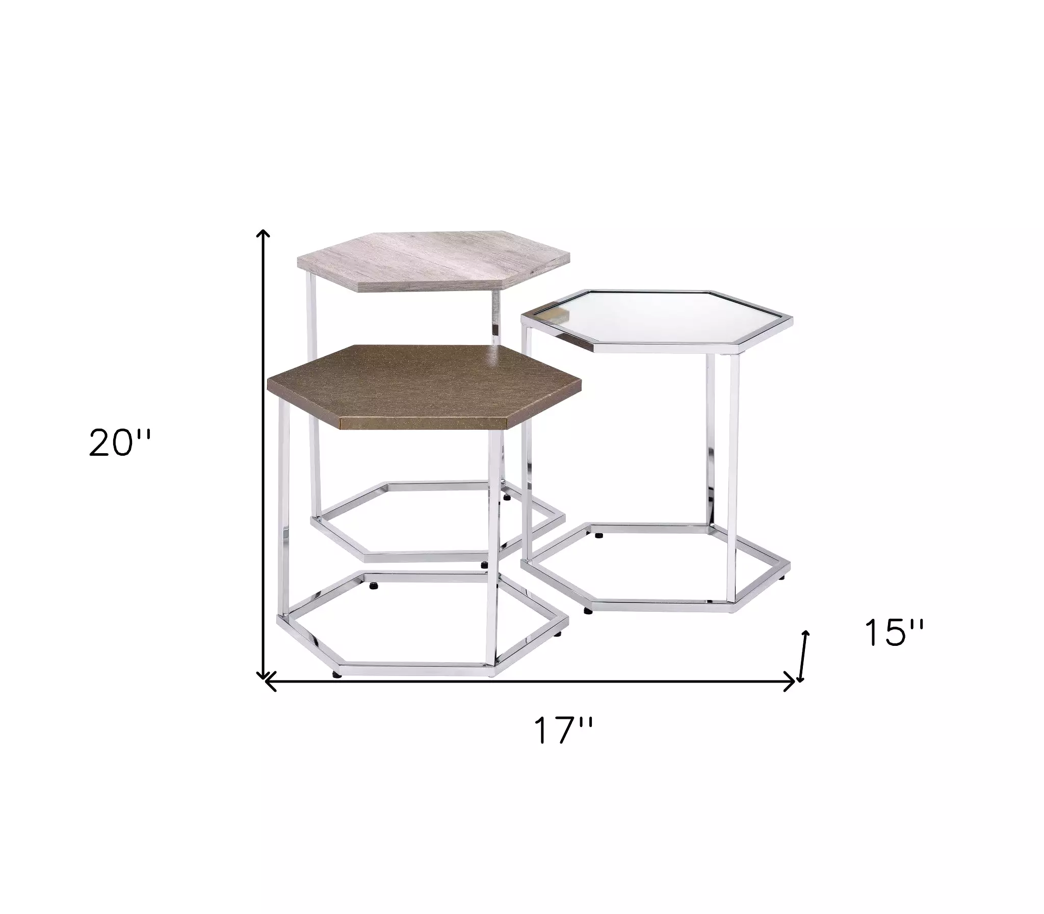 17 Chrome And Taupe Manufactured Wood And Metal Hexagon Nested Coffee Tables