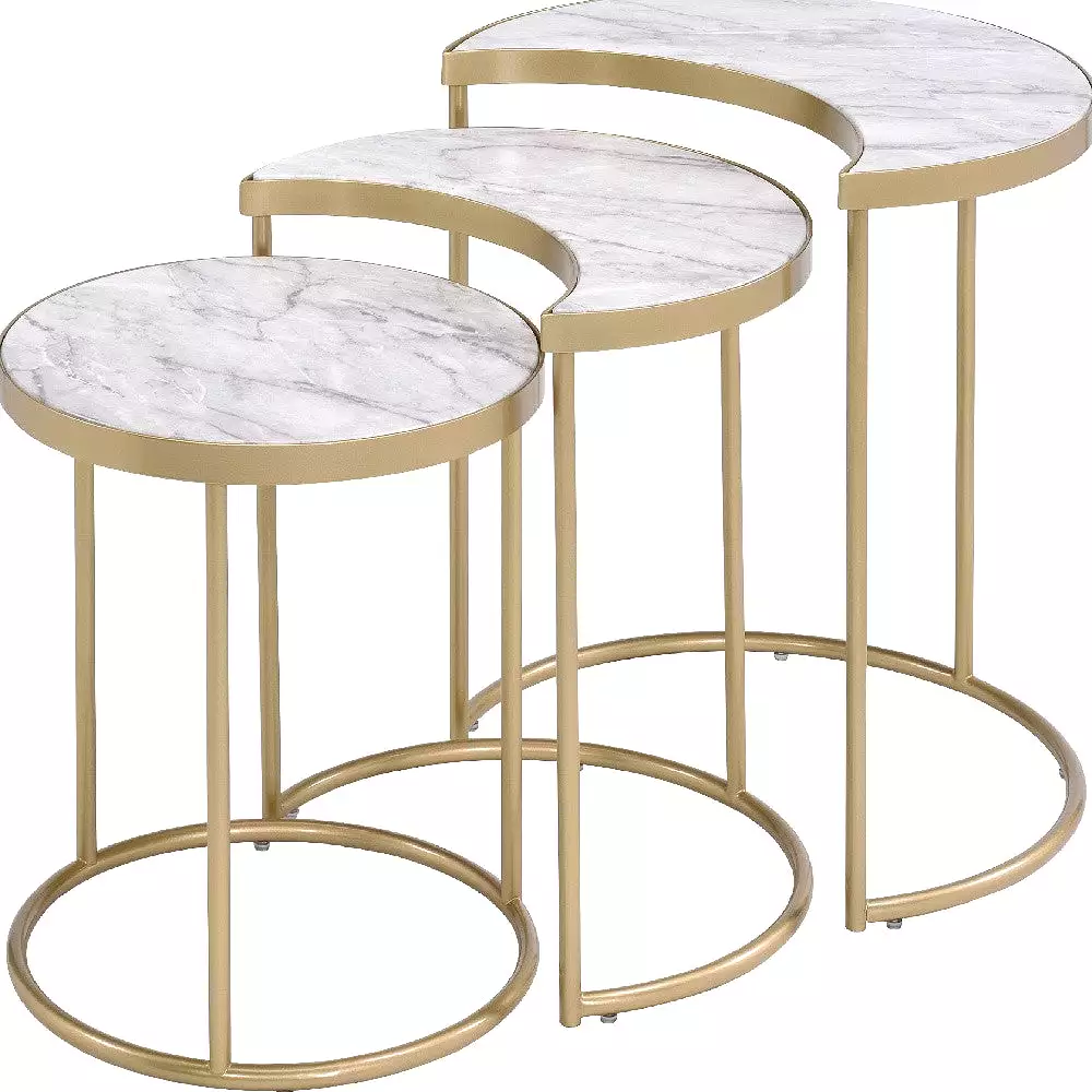 24 Gold And Faux Marble Paper Veneer And Metal Round Nested Coffee Tables