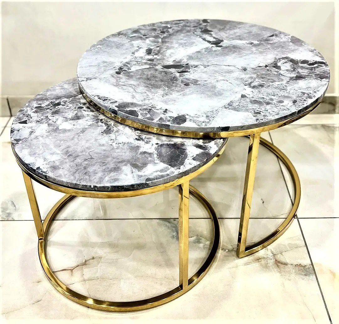 Astra Gold  , Gold Finish Nesting Tables Set With Marble Top for Home Decor-SP001NT