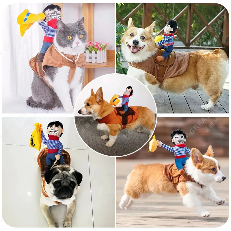 Cowboy Rider Dog Costume for Dogs  Cats Clothes Knight Style with Doll and Hat for Halloween Day Pet Costume