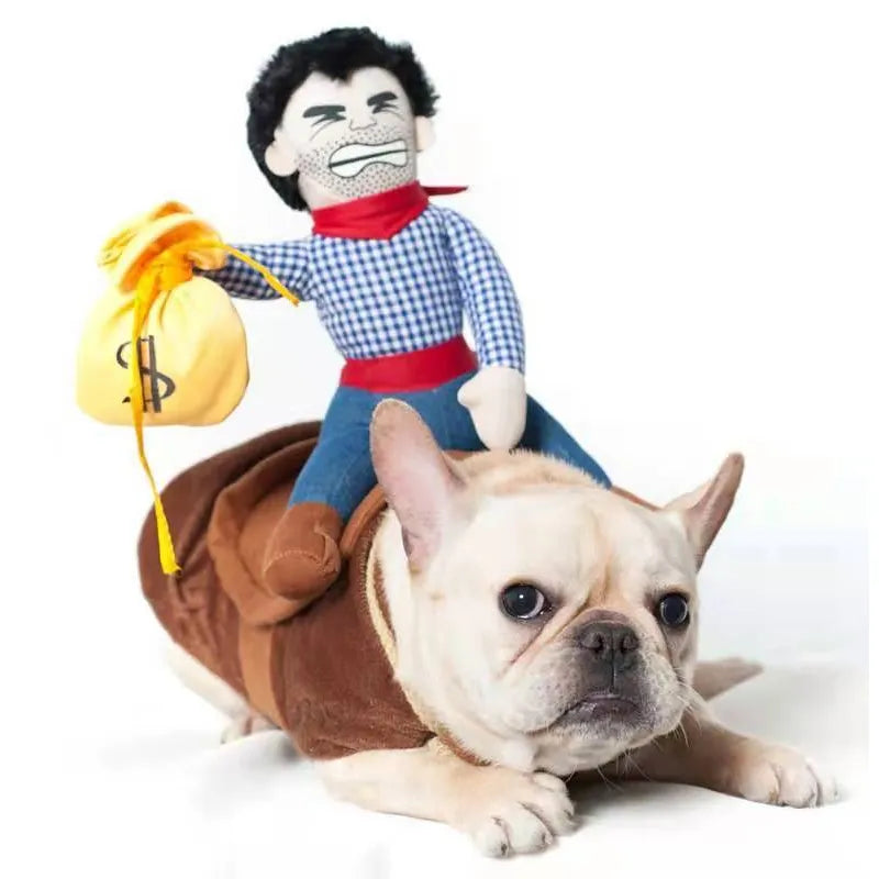 Cowboy Rider Dog Costume for Dogs  Cats Clothes Knight Style with Doll and Hat for Halloween Day Pet Costume