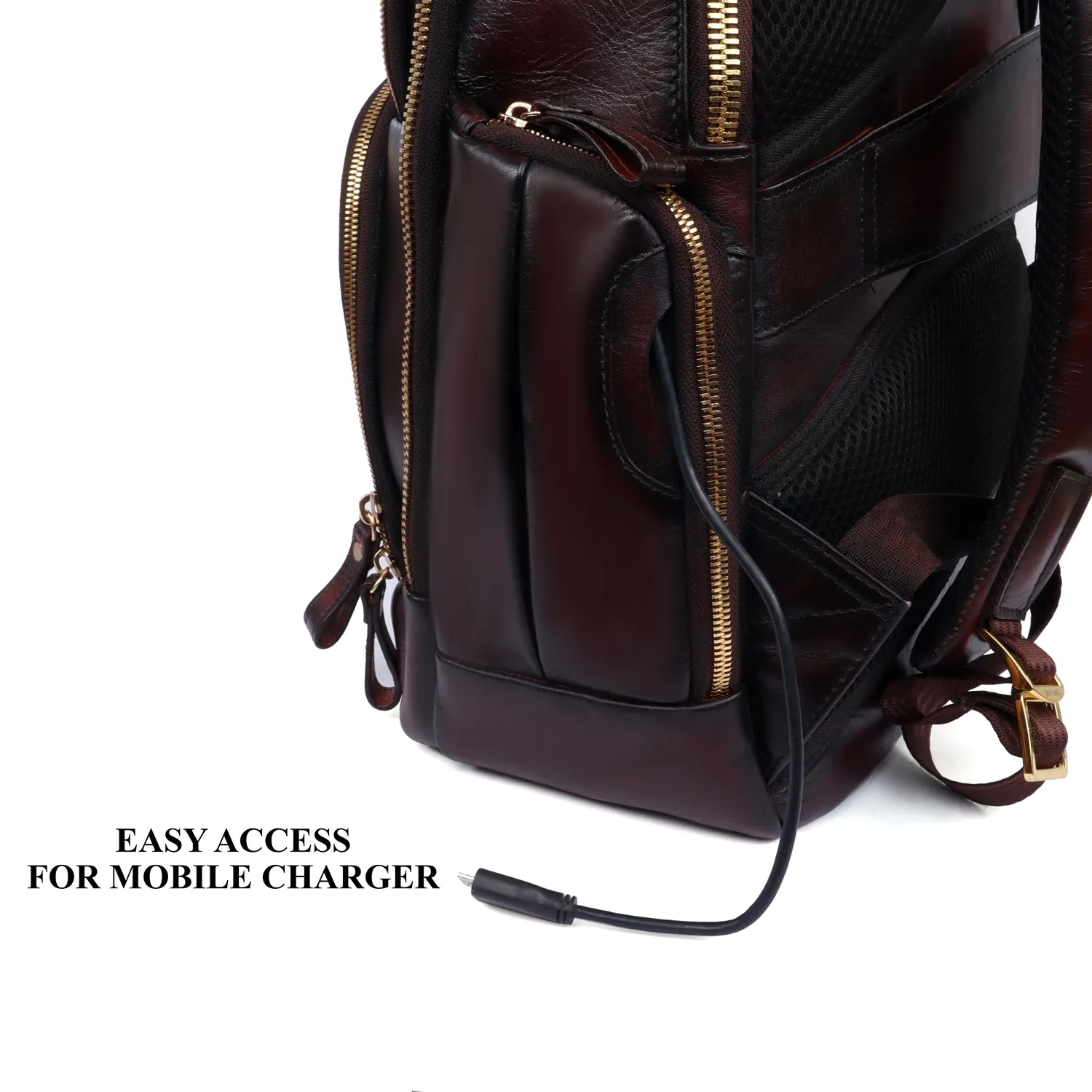 Dark Brown Leather Backpack With Embossed Lion