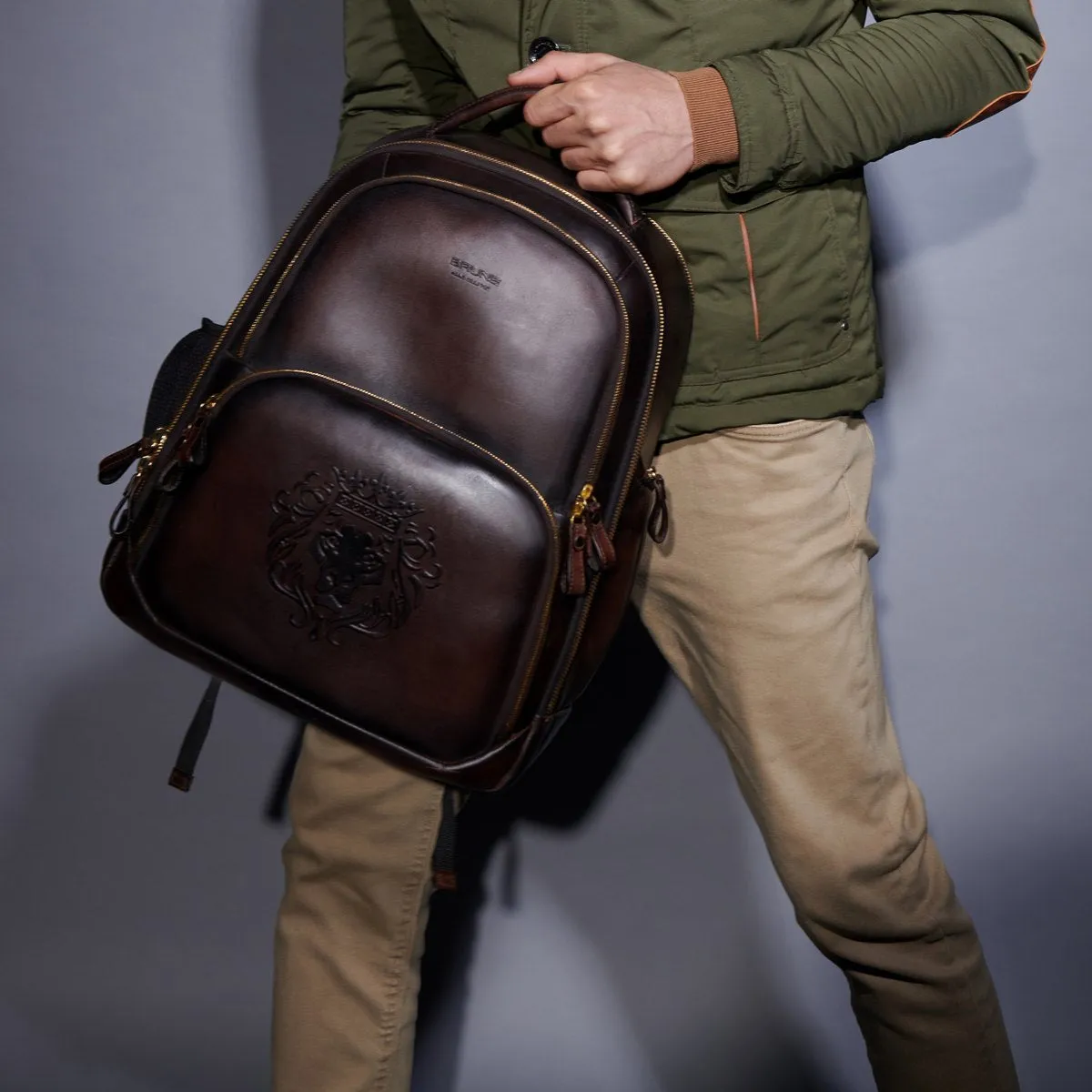 Dark Brown Leather Backpack With Embossed Lion