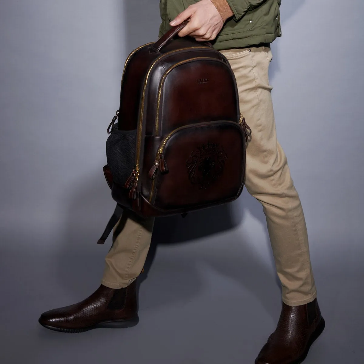 Dark Brown Leather Backpack With Embossed Lion