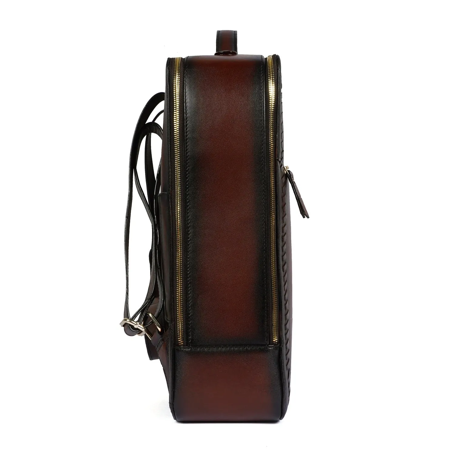 Dark Brown Weaved Stripes Leather Backpack By Brune & Bareskin