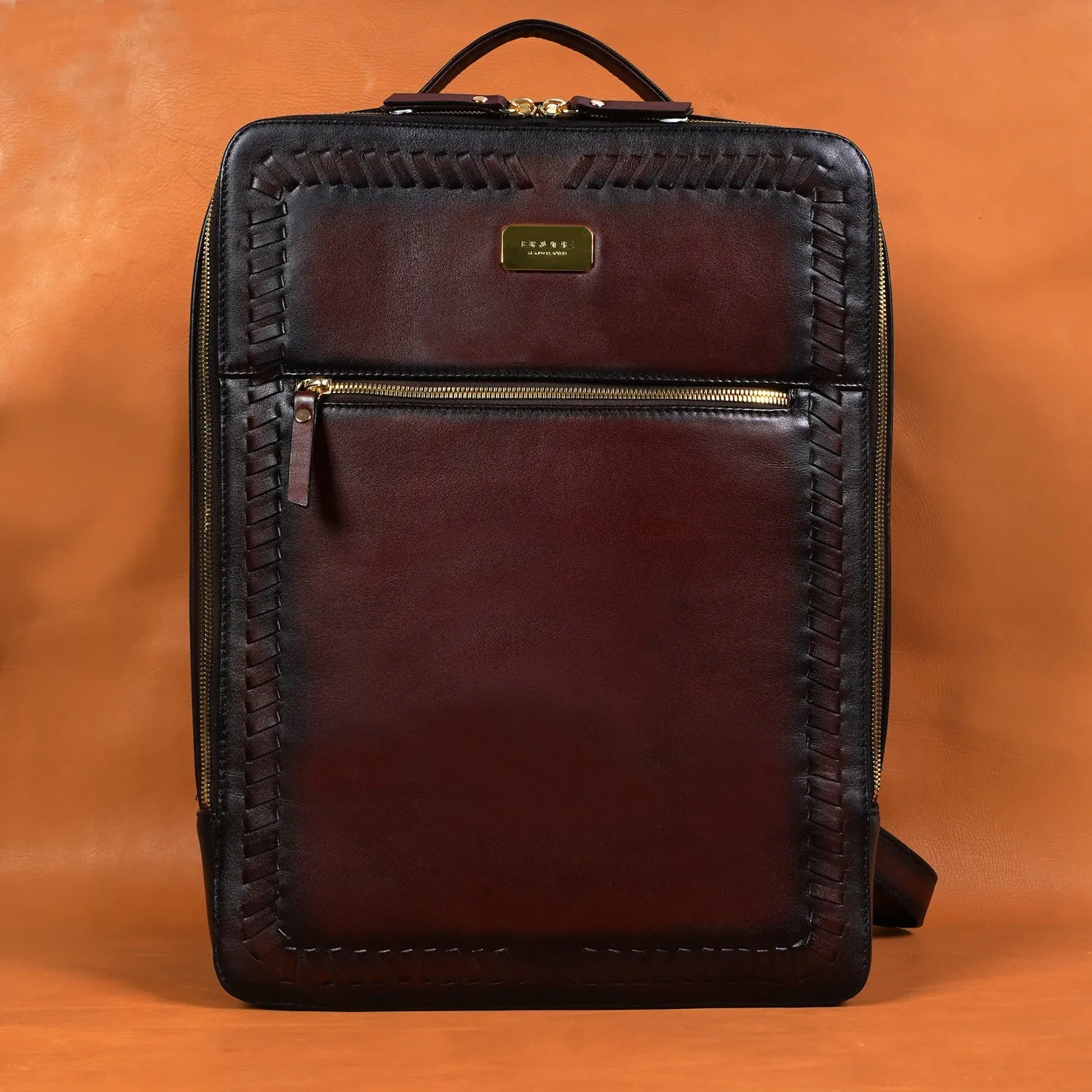 Dark Brown Weaved Stripes Leather Backpack By Brune & Bareskin