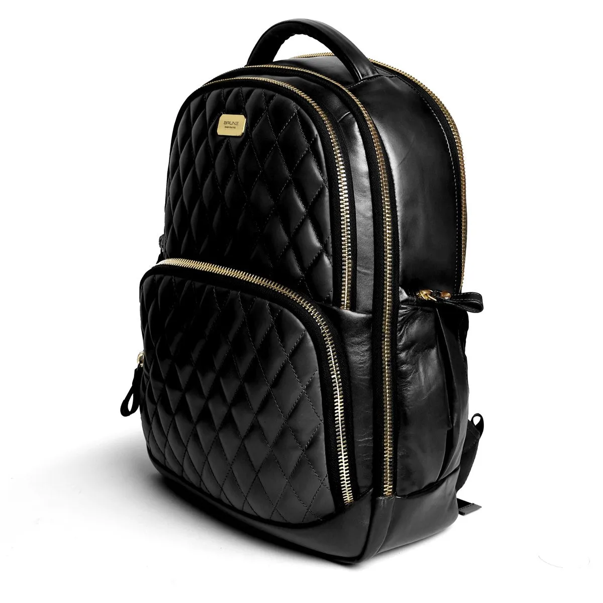 Front Padded  Backpack with Diamond Stitched Pattern Black Leather