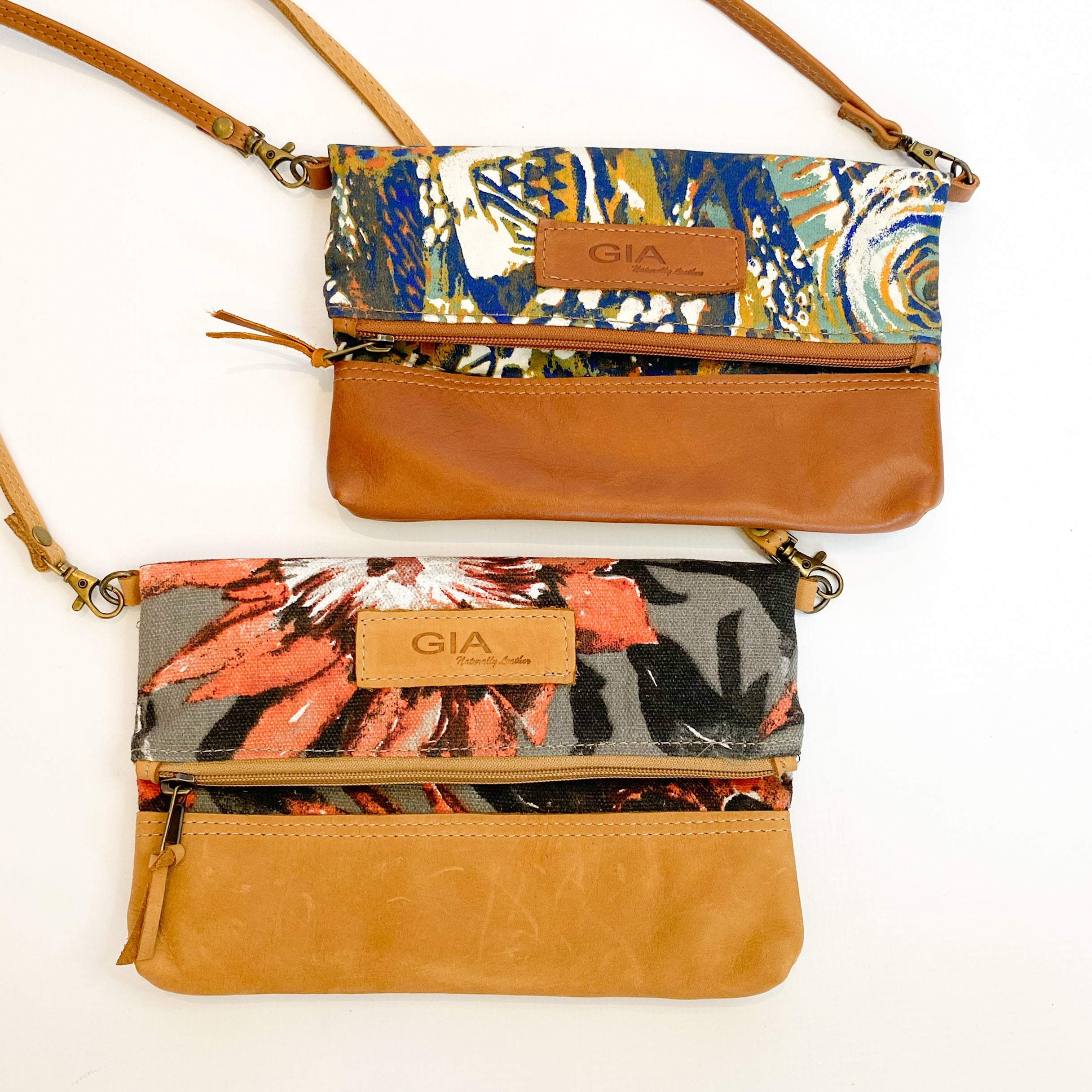 Gia leather and protea foldover bag