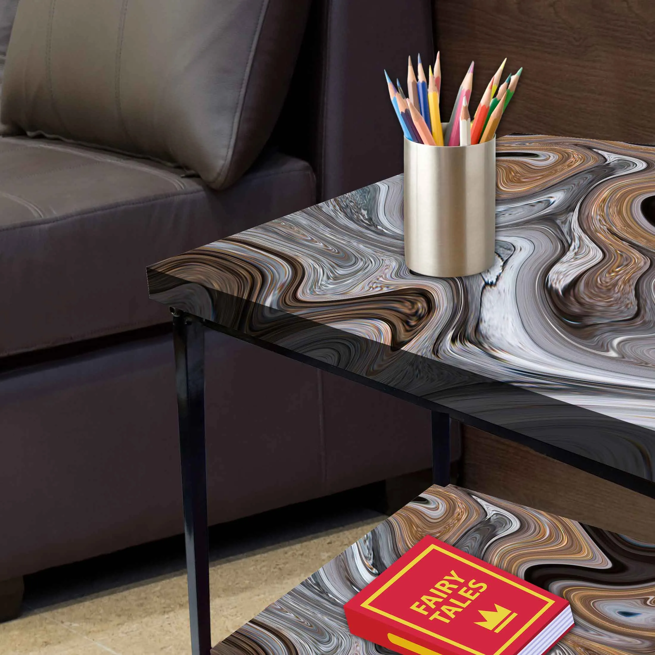 Metal Designer Cool Bedside Tables for Bedroom Living Room - Marble Swirls