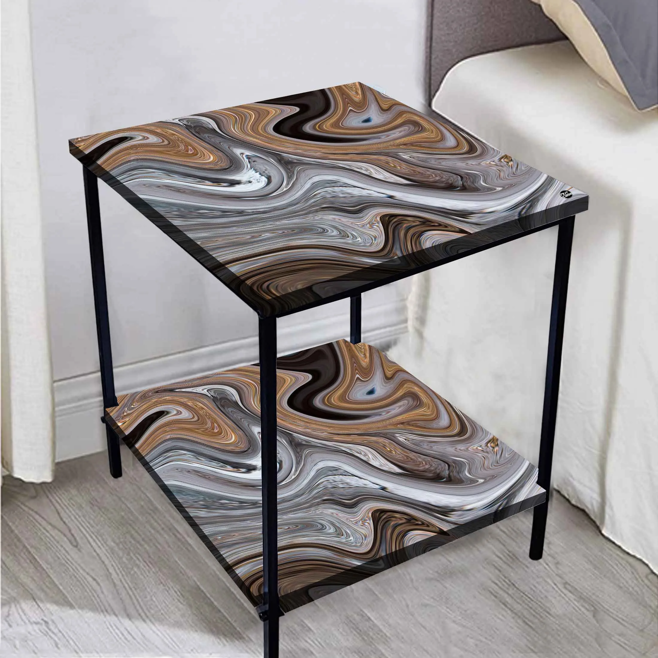 Metal Designer Cool Bedside Tables for Bedroom Living Room - Marble Swirls