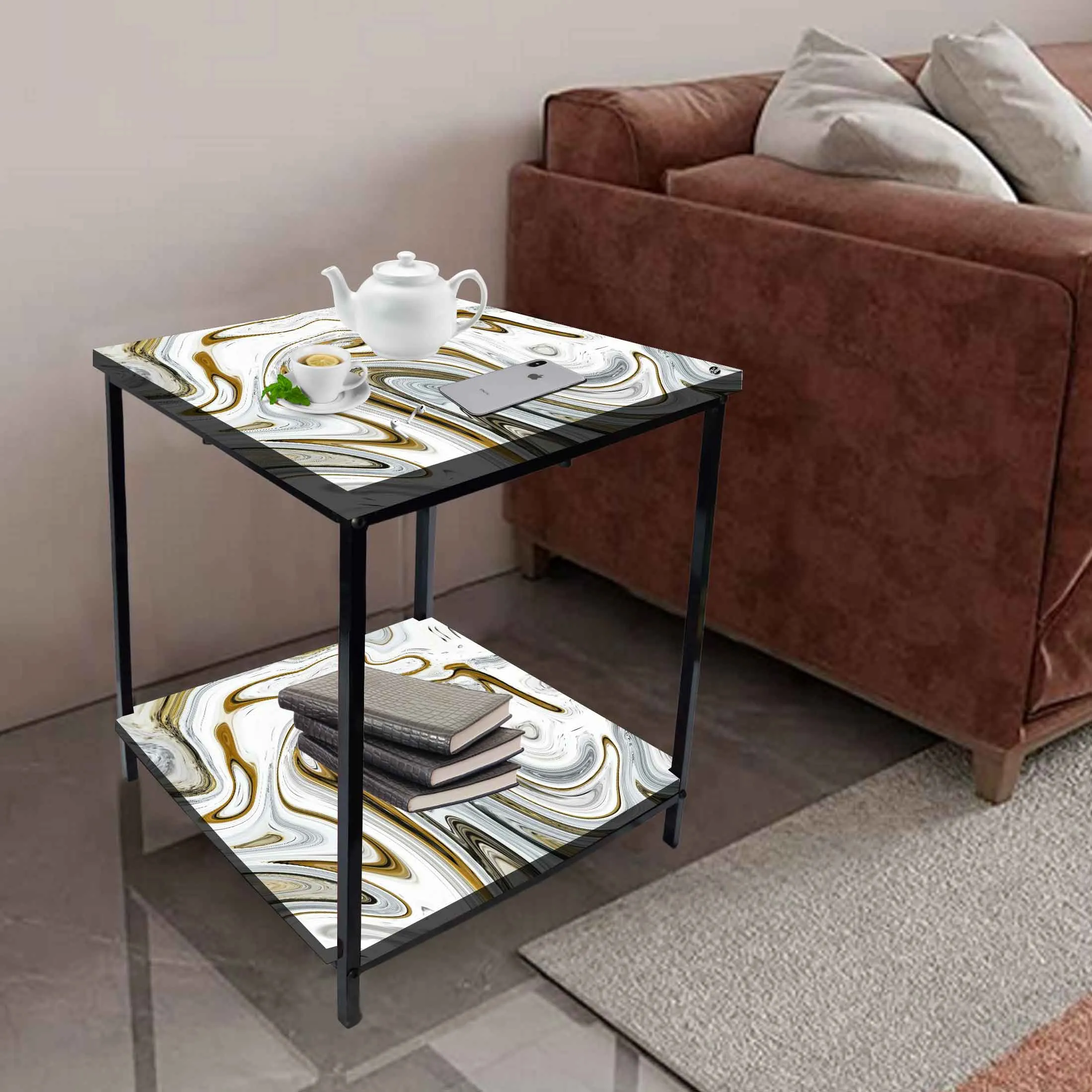 Metal Designer Cool Bedside Tables for Bedroom Living Room - Marble Swirls