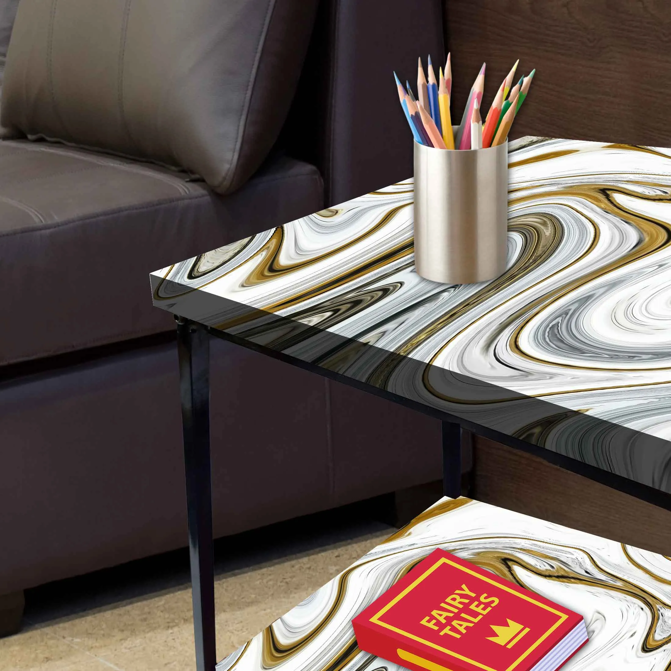 Metal Designer Cool Bedside Tables for Bedroom Living Room - Marble Swirls