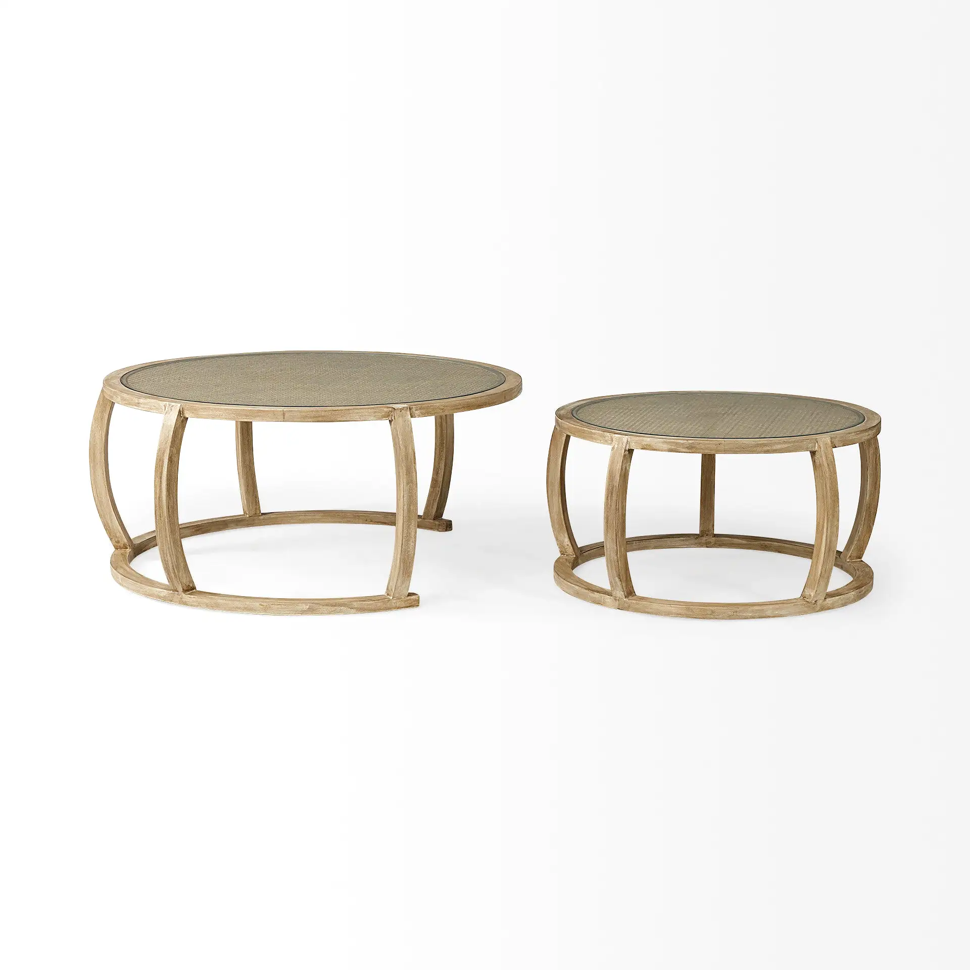 S2 41.5 Round Woven Cane Glass Top And Solid Wood Coffee Tables