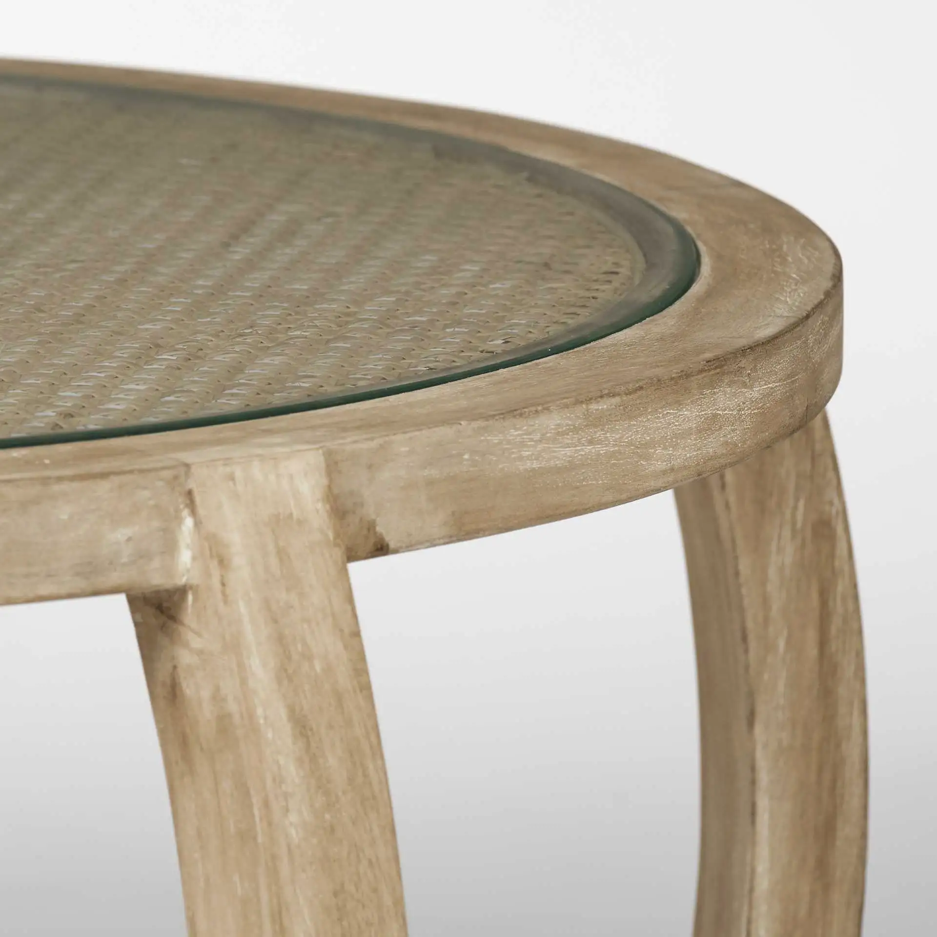 S2 41.5 Round Woven Cane Glass Top And Solid Wood Coffee Tables