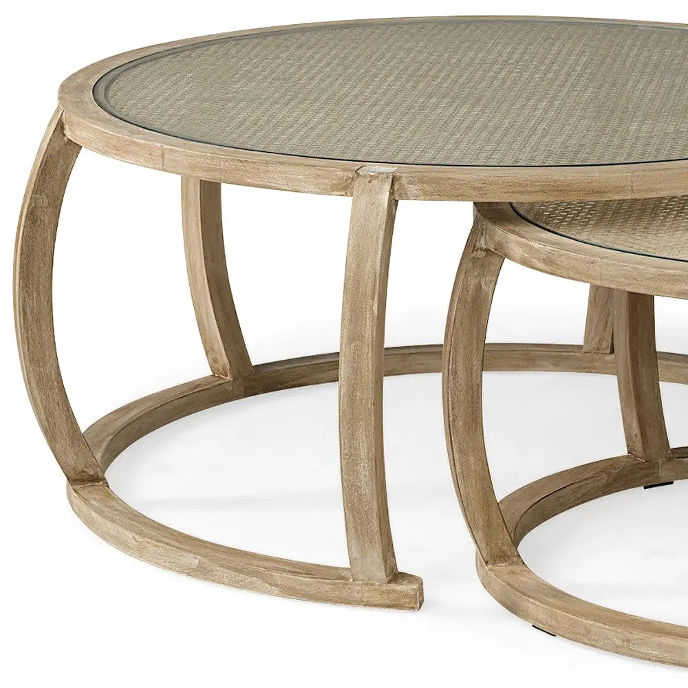 S2 41.5 Round Woven Cane Glass Top And Solid Wood Coffee Tables