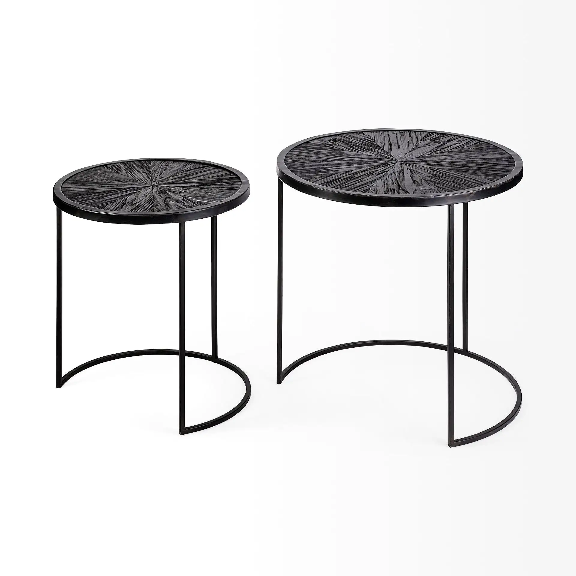 Set Of 2 Dark Wood Round Top Accent Tables With Black Iron Frame