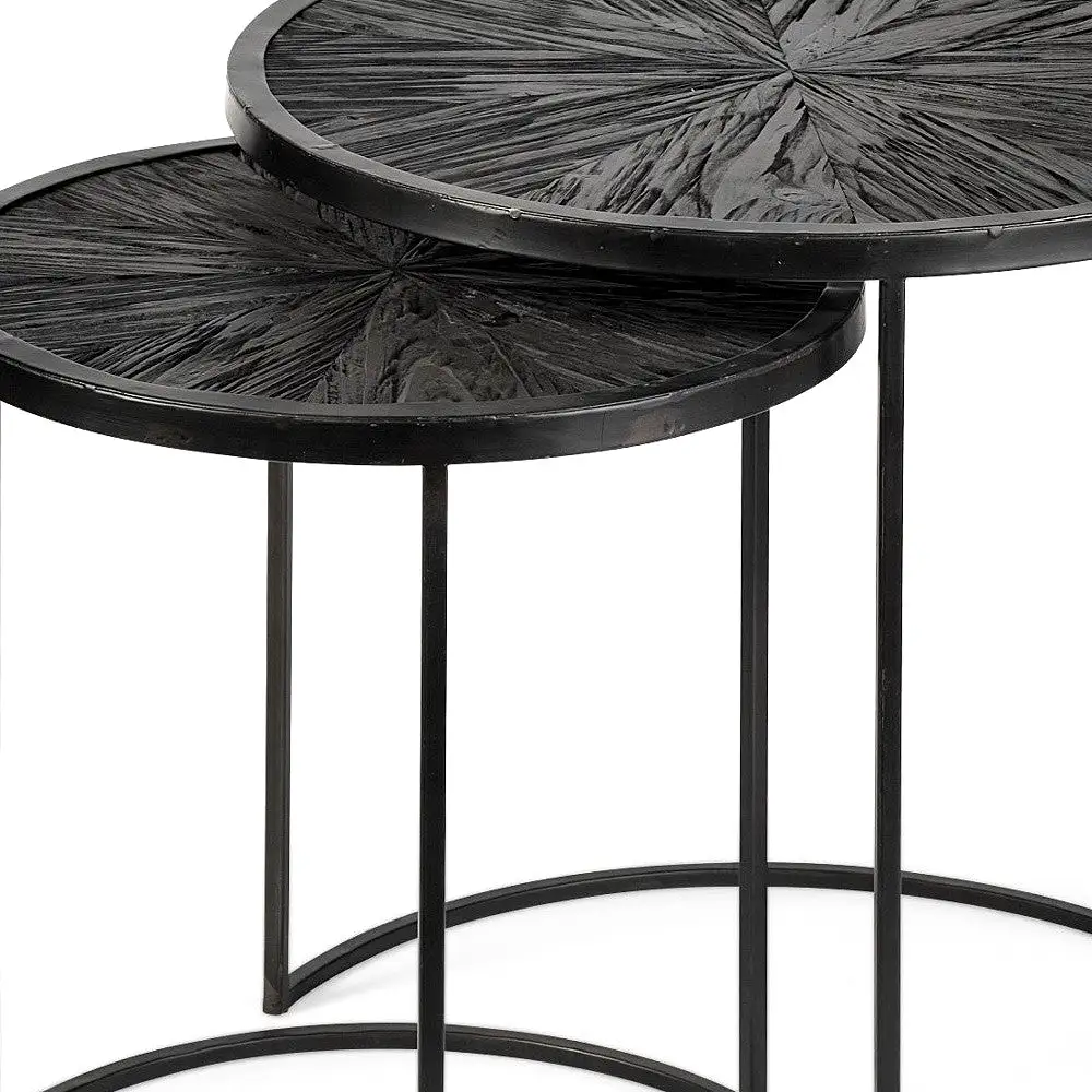 Set Of 2 Dark Wood Round Top Accent Tables With Black Iron Frame