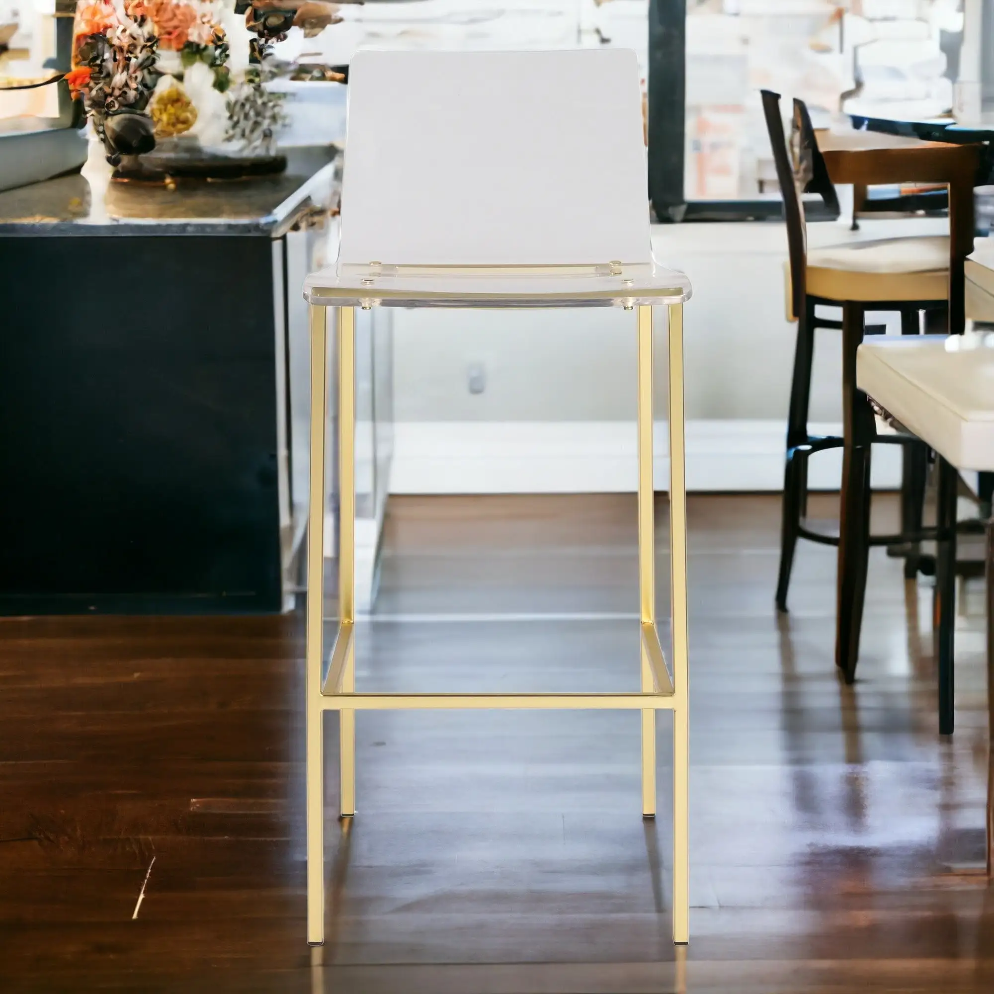 Set of Two 30 Clear And Gold Steel Low Back Bar Height Bar Chairs