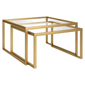 Set of Two 30 Gold Glass And Steel Square Nested Coffee Tables