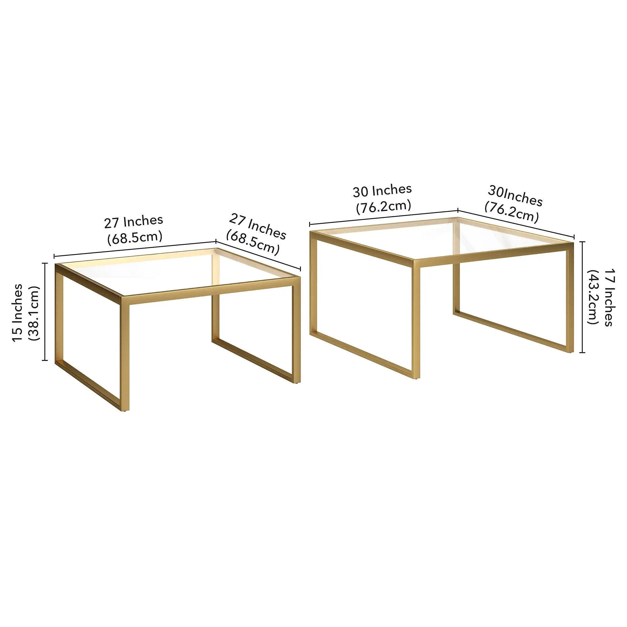 Set of Two 30 Gold Glass And Steel Square Nested Coffee Tables