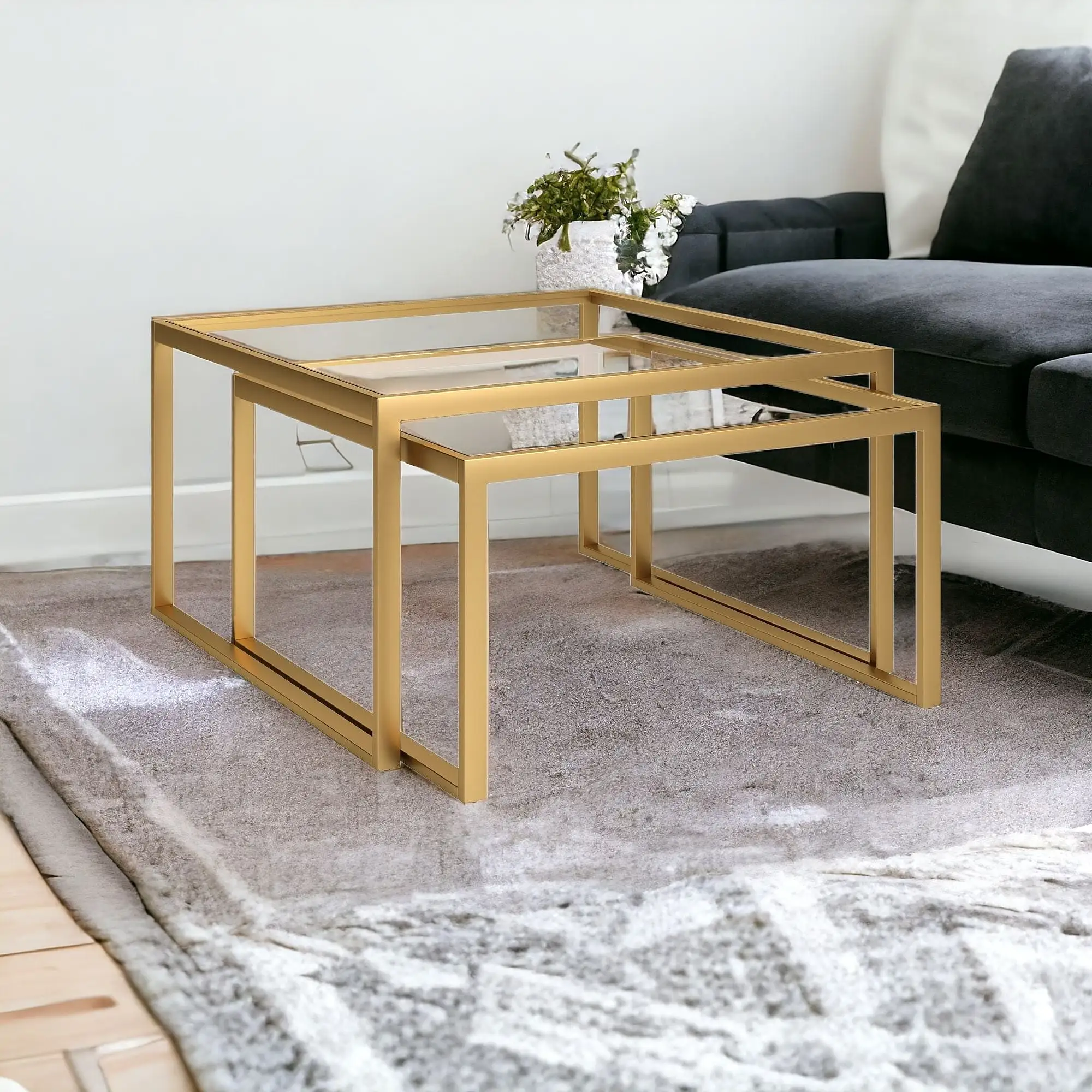 Set of Two 30 Gold Glass And Steel Square Nested Coffee Tables