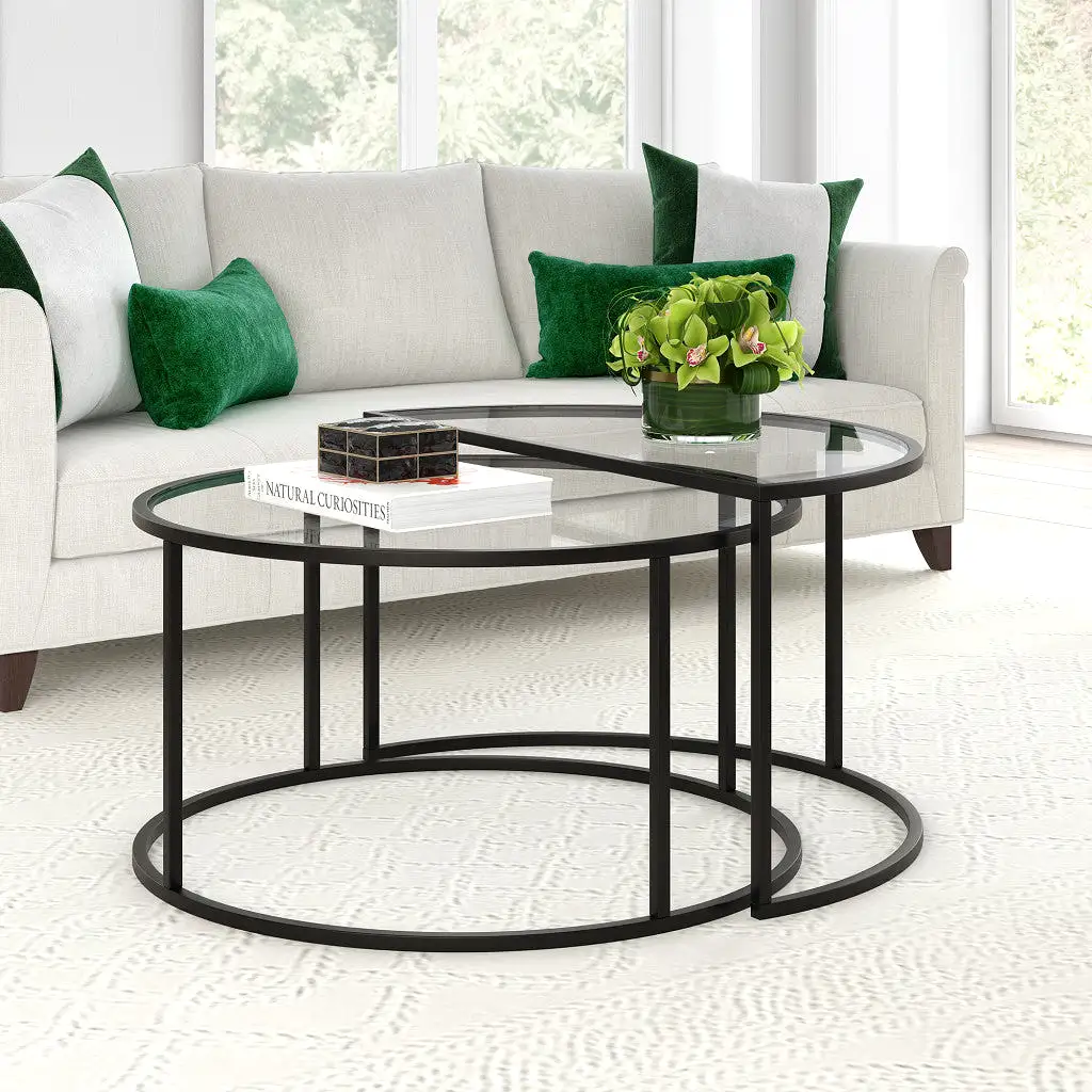 Set of Two 33 Black Glass And Steel Half Circle Nested Coffee Tables