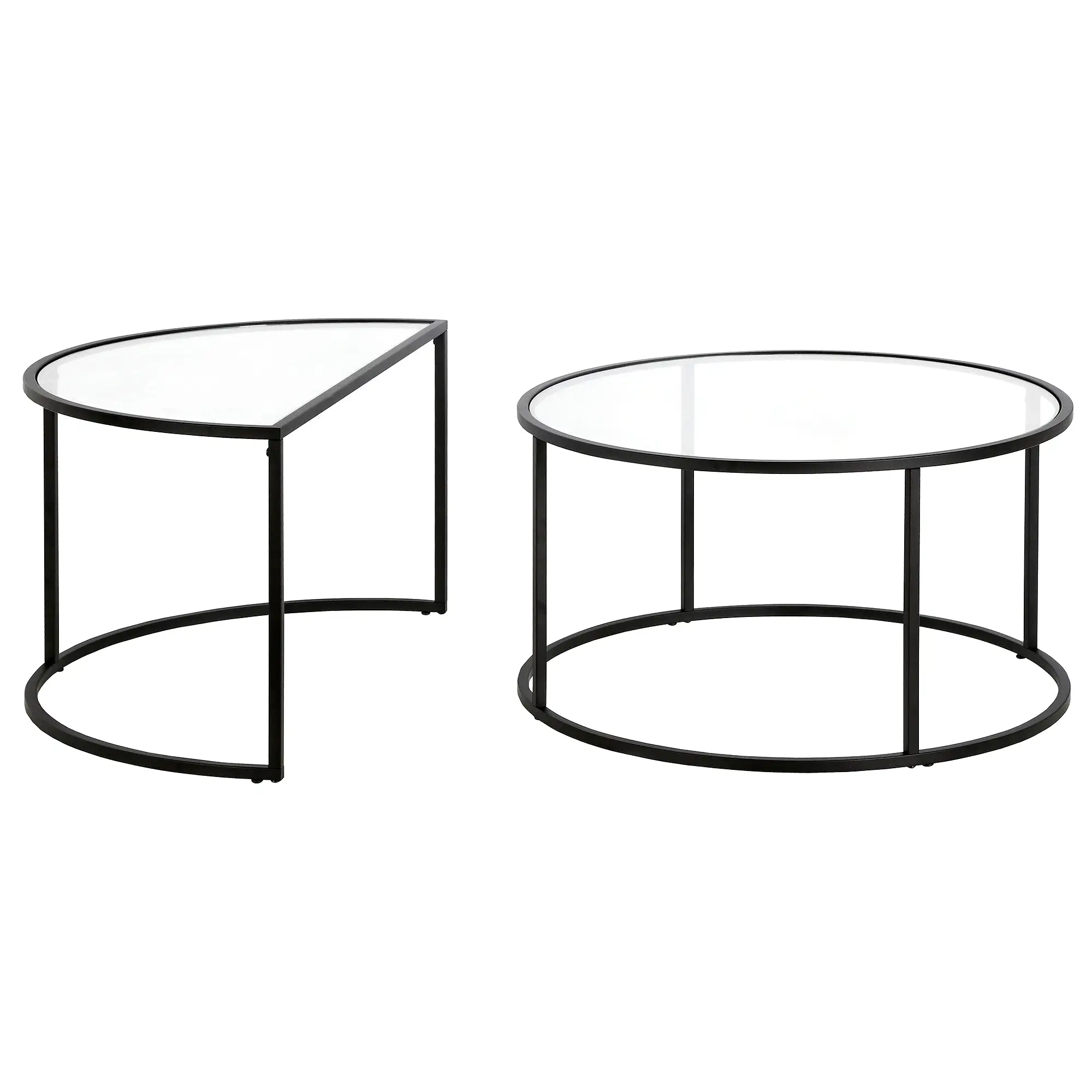 Set of Two 33 Black Glass And Steel Half Circle Nested Coffee Tables