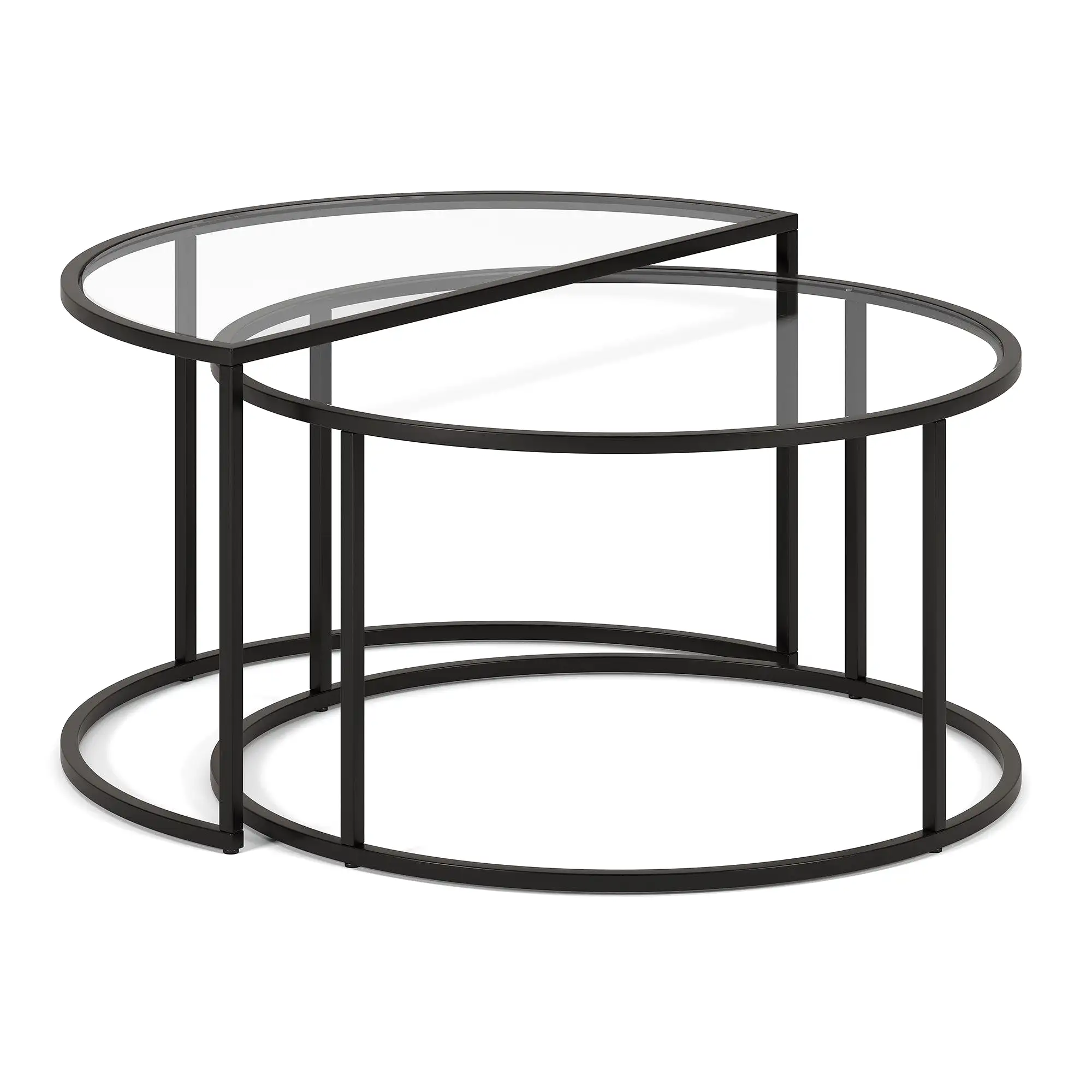 Set of Two 33 Black Glass And Steel Half Circle Nested Coffee Tables