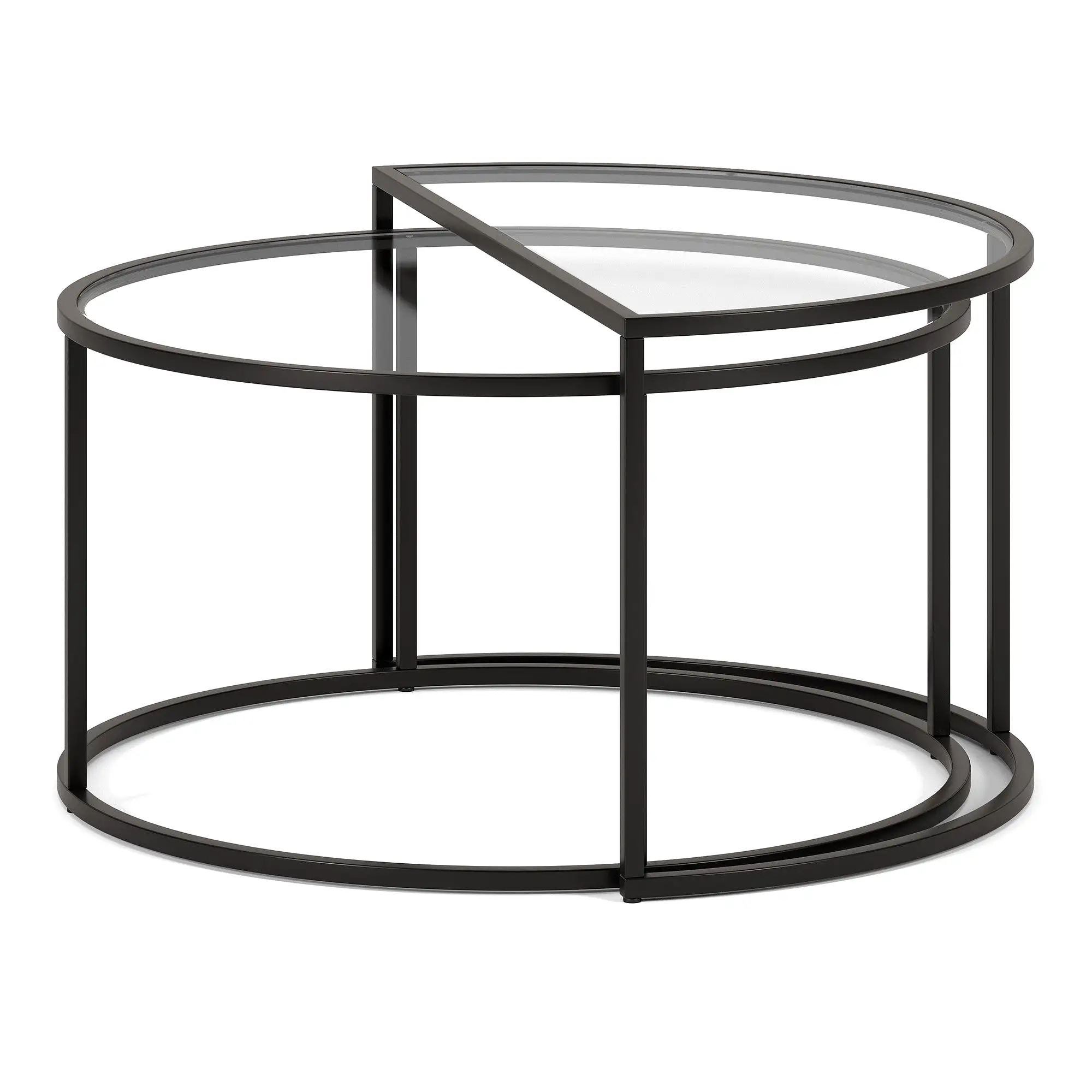 Set of Two 33 Black Glass And Steel Half Circle Nested Coffee Tables