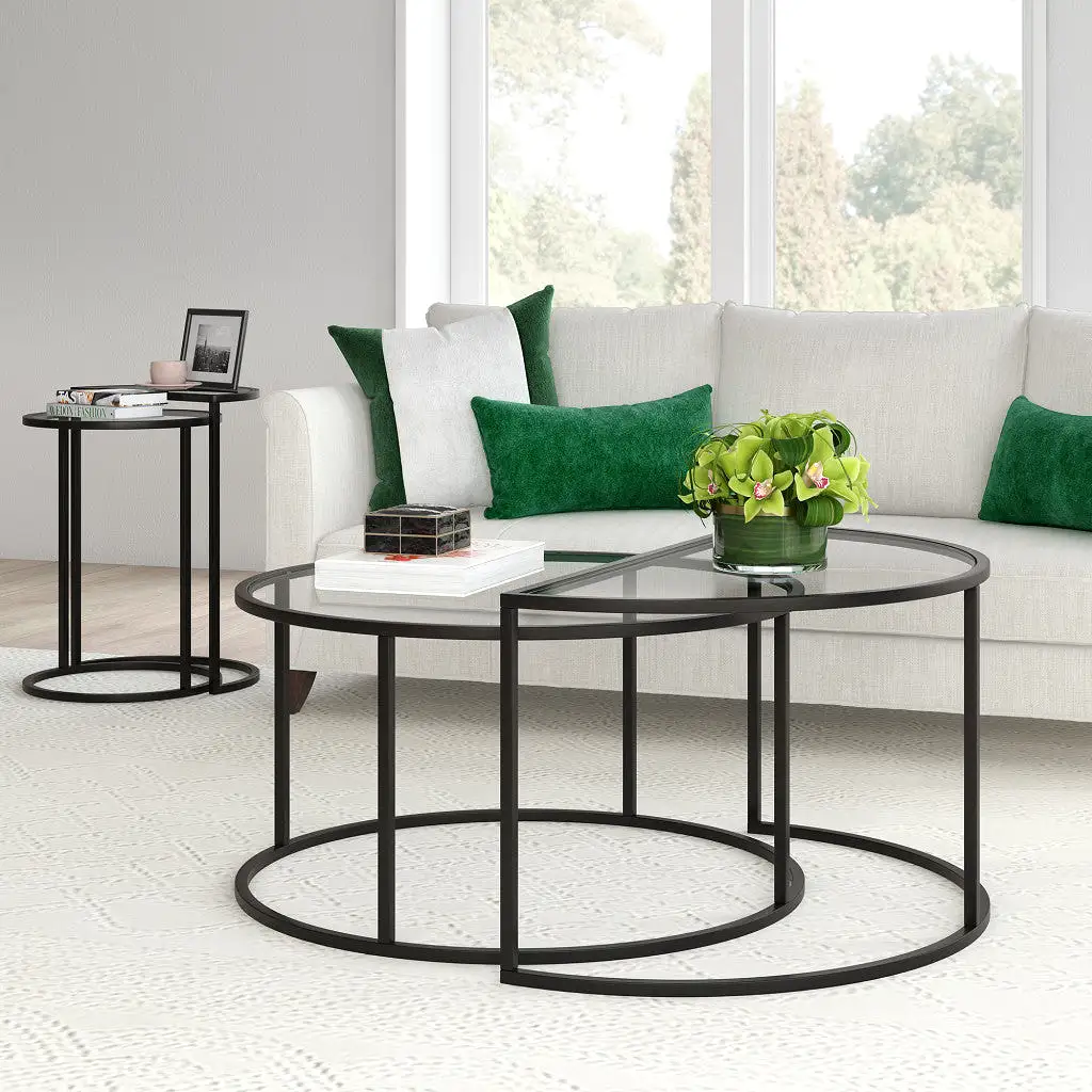 Set of Two 33 Black Glass And Steel Half Circle Nested Coffee Tables