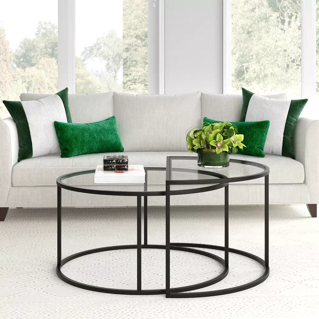 Set of Two 33 Black Glass And Steel Half Circle Nested Coffee Tables