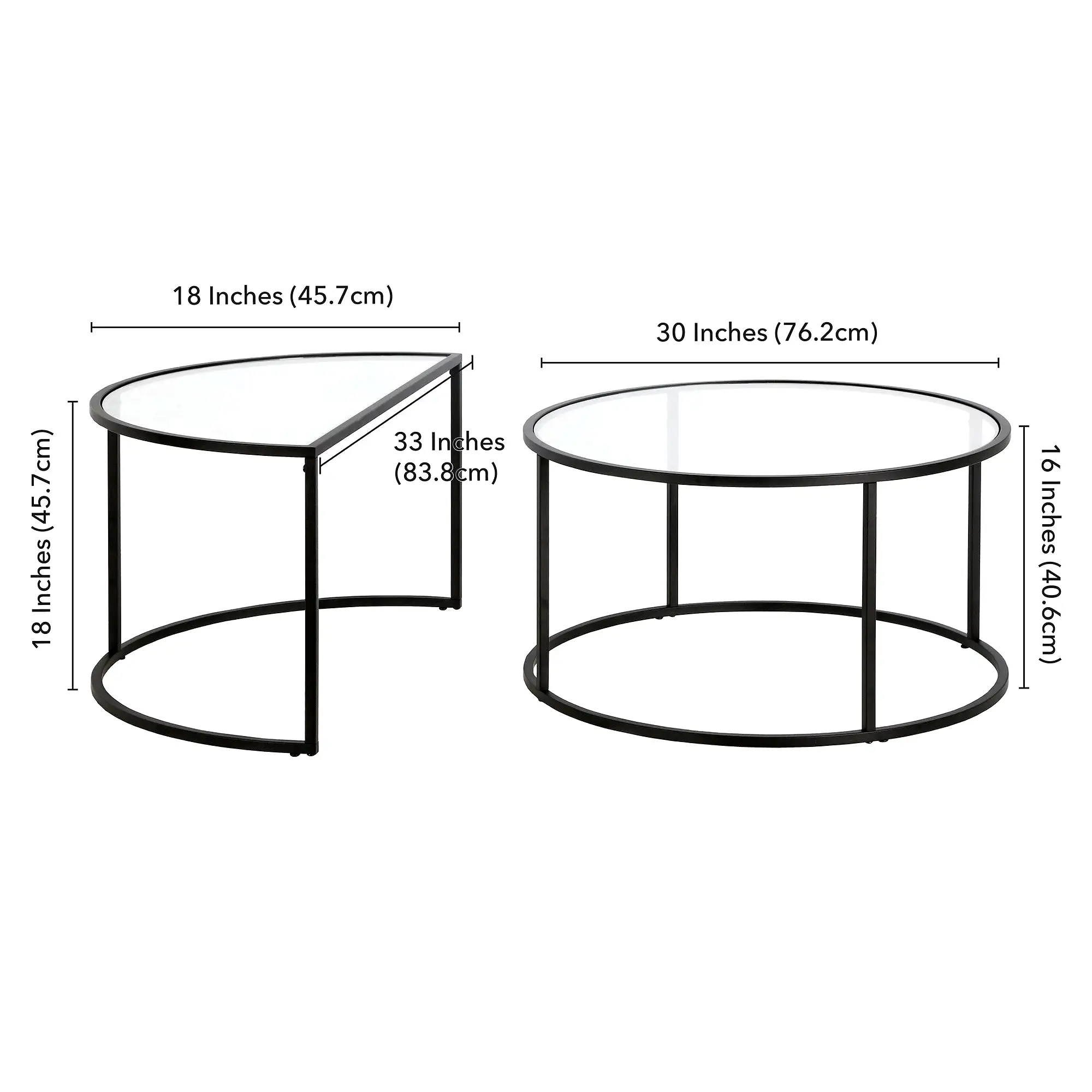 Set of Two 33 Black Glass And Steel Half Circle Nested Coffee Tables