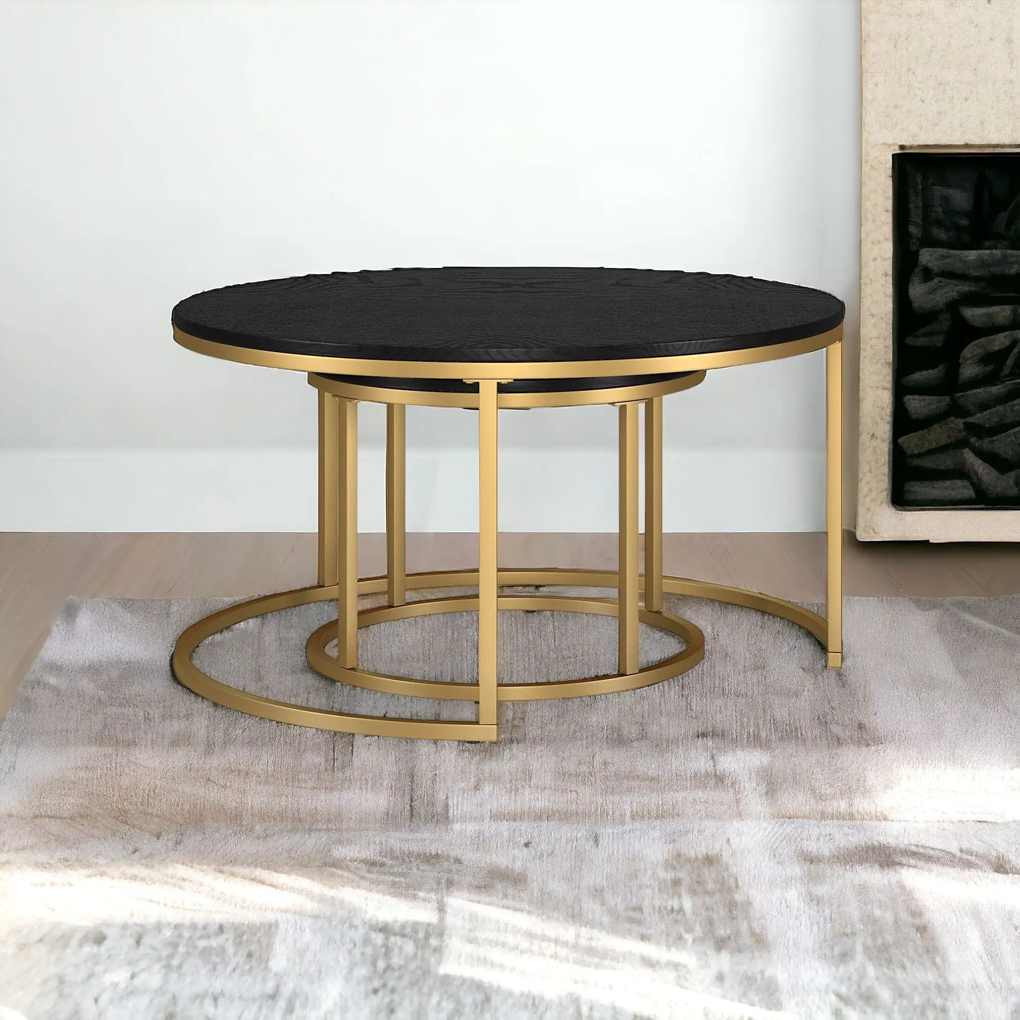 Set of Two 35 Black And Gold Steel Round Nested Coffee Tables