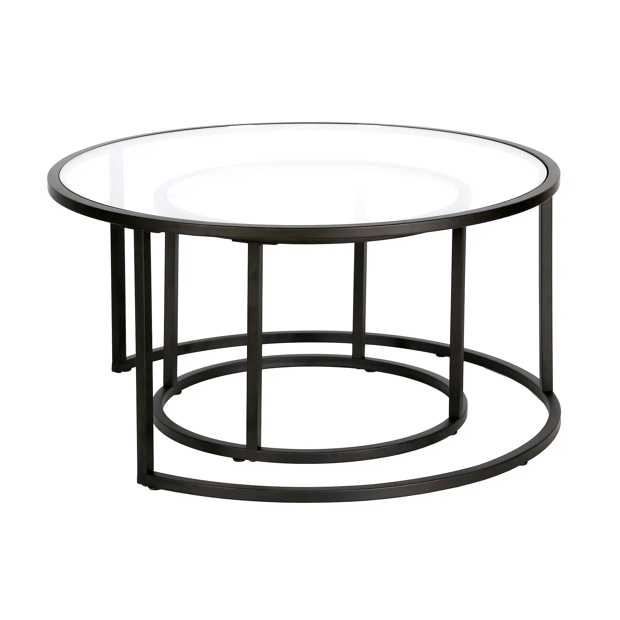 Set of Two 35 Black Glass And Steel Round Nested Coffee Tables