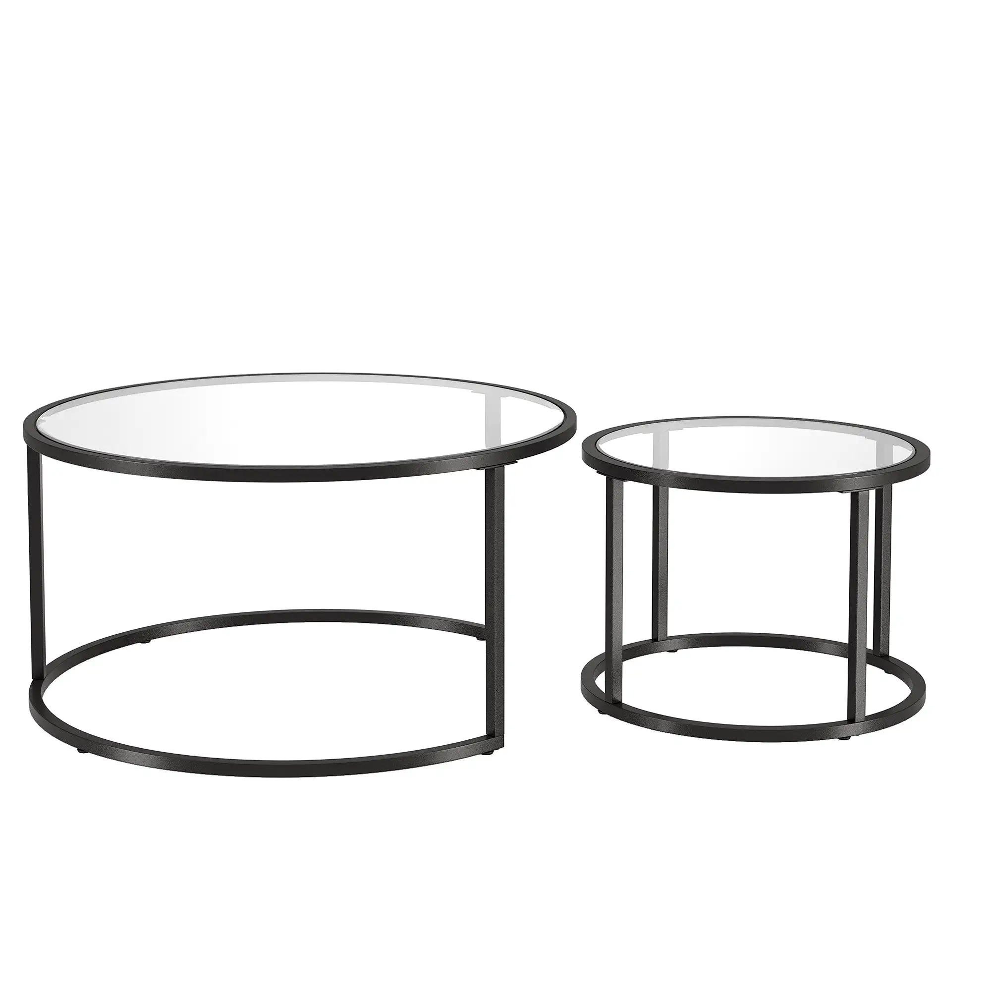 Set of Two 35 Black Glass And Steel Round Nested Coffee Tables