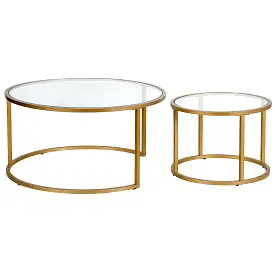 Set of Two 35 Gold Glass And Steel Round Nested Coffee Tables