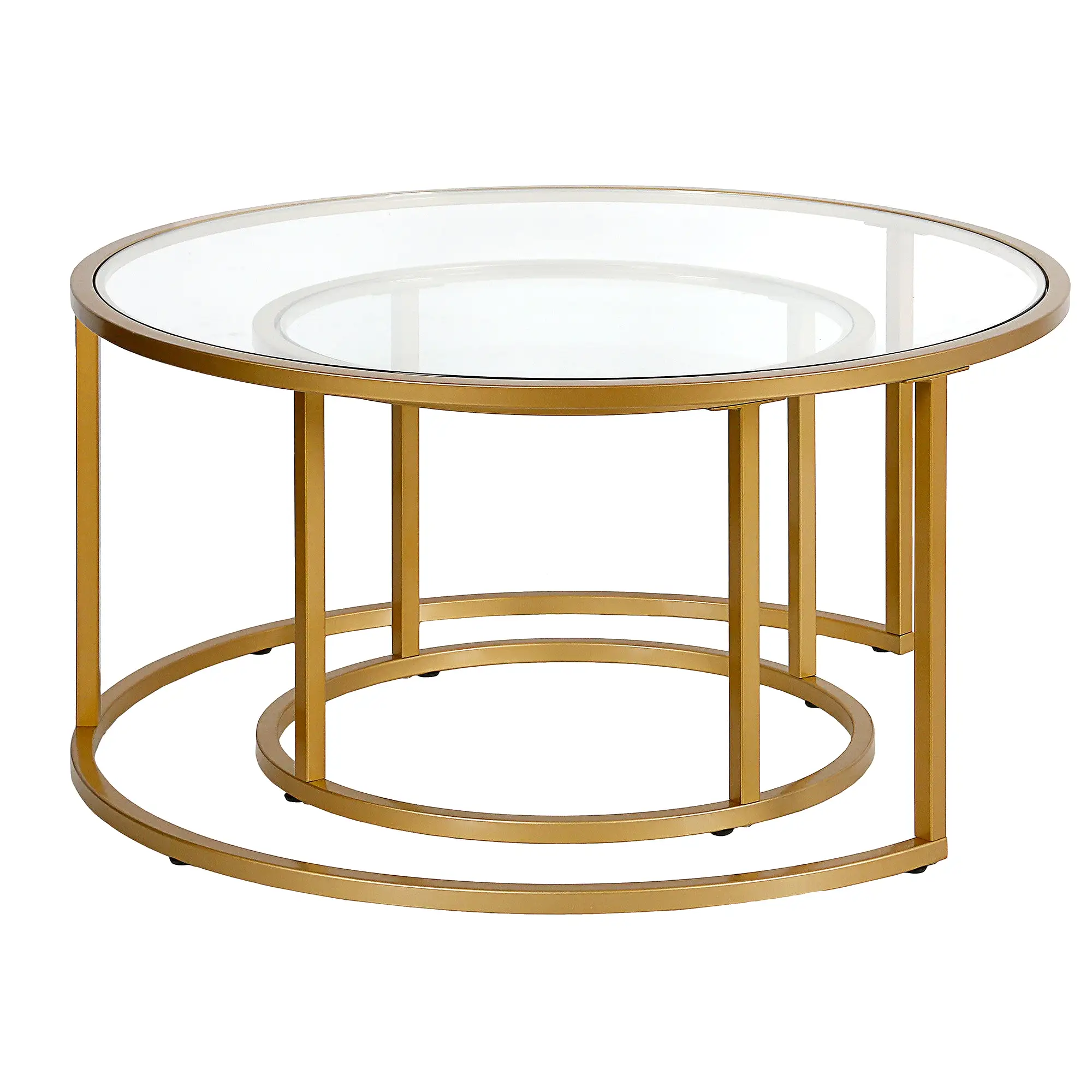 Set of Two 35 Gold Glass And Steel Round Nested Coffee Tables