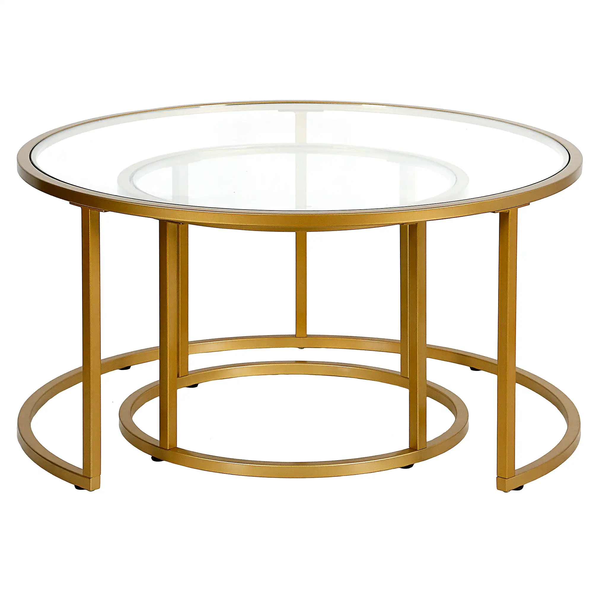 Set of Two 35 Gold Glass And Steel Round Nested Coffee Tables