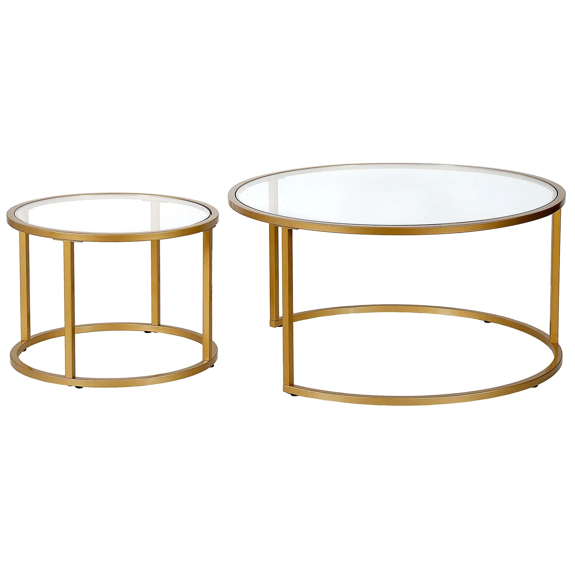 Set of Two 35 Gold Glass And Steel Round Nested Coffee Tables