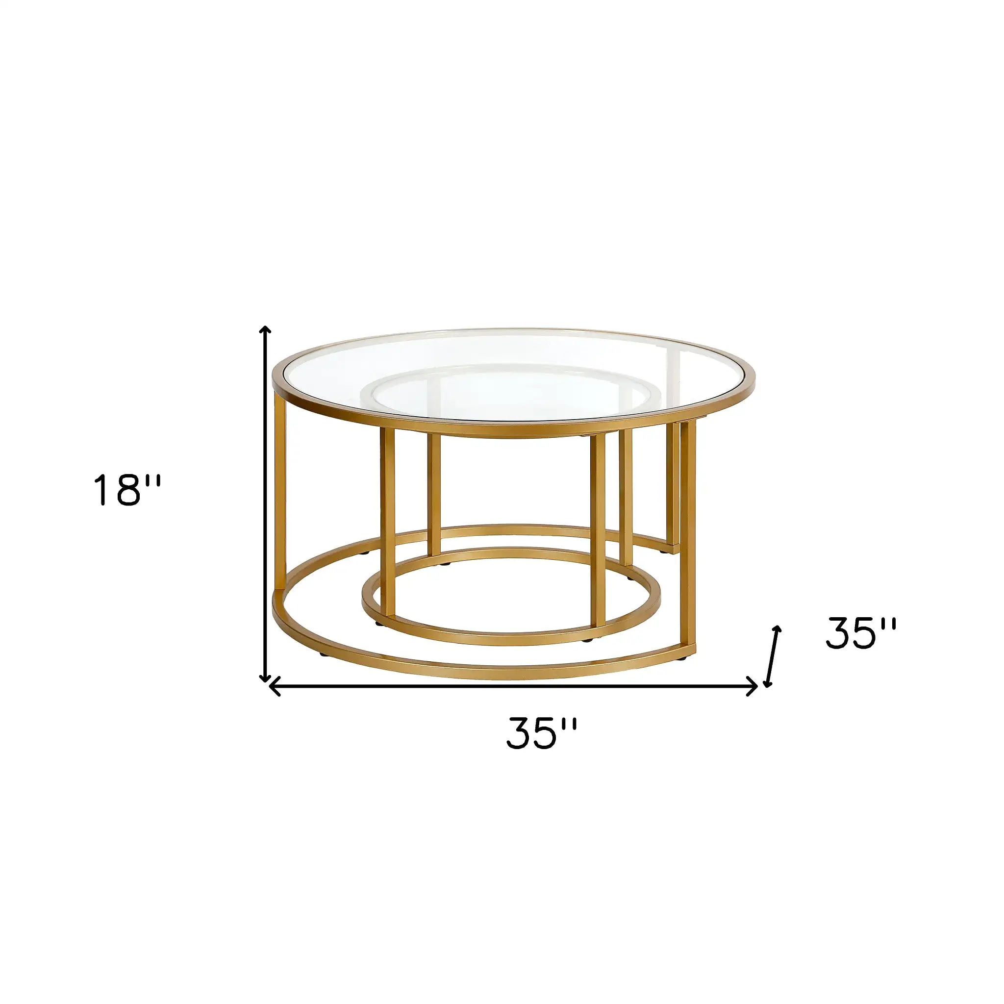 Set of Two 35 Gold Glass And Steel Round Nested Coffee Tables