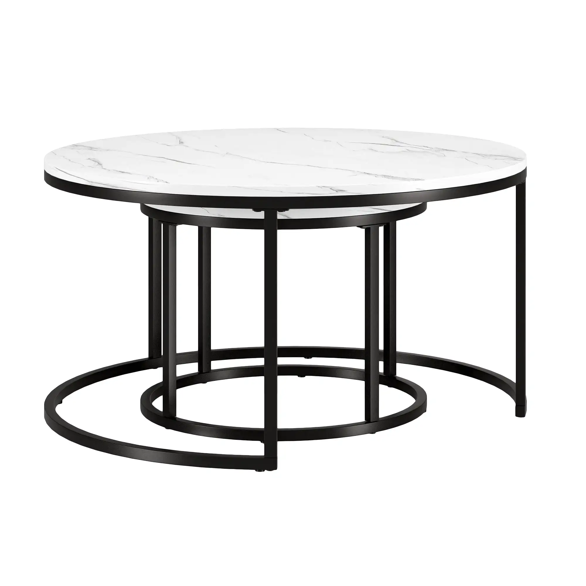 Set of Two 35 White And Black Faux Marble And Steel Round Nested Coffee Tables