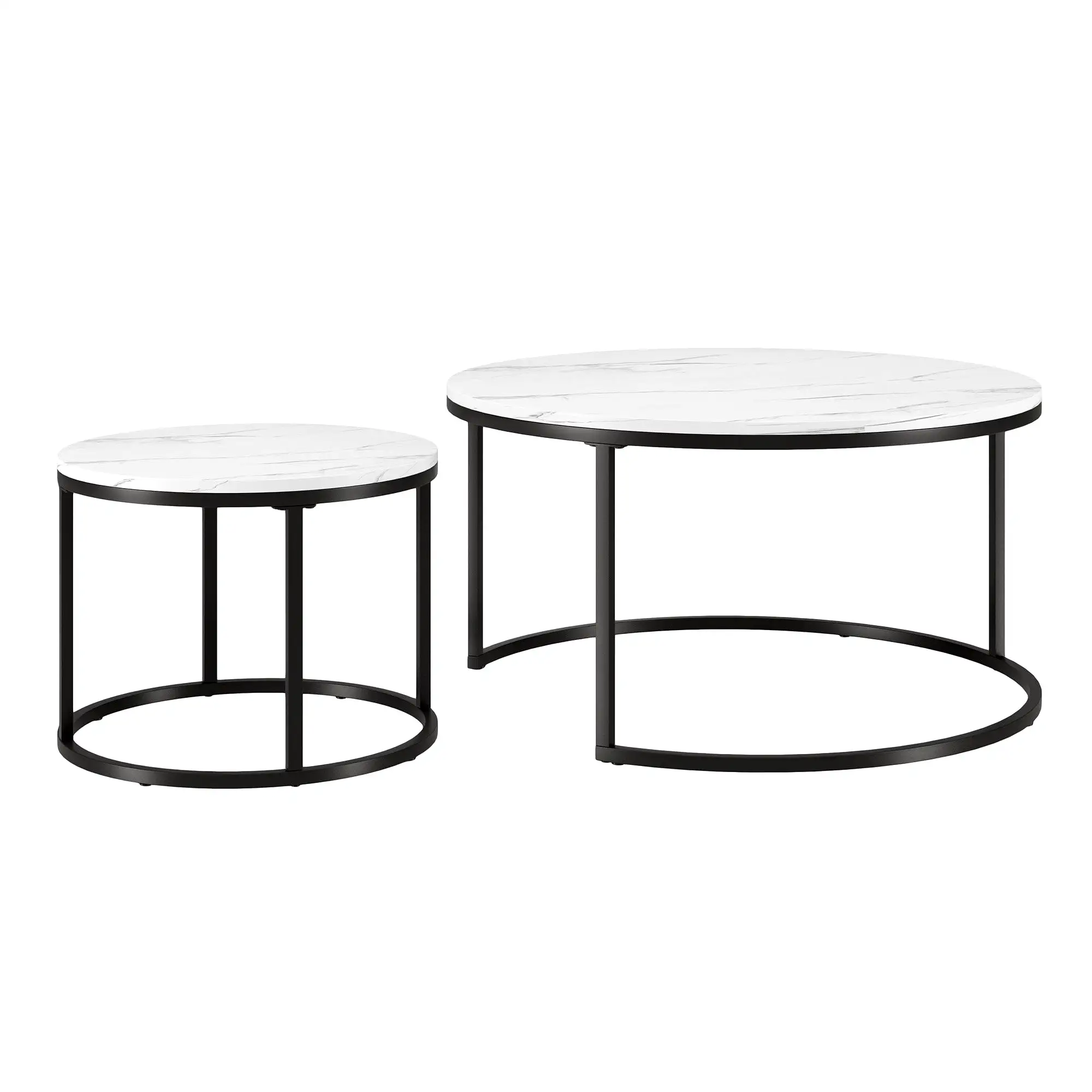 Set of Two 35 White And Black Faux Marble And Steel Round Nested Coffee Tables