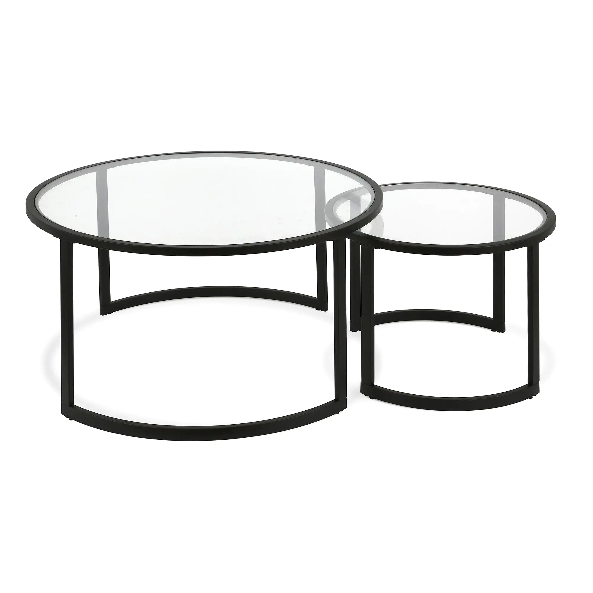 Set of Two 36 Black Glass And Steel Round Nested Coffee Tables