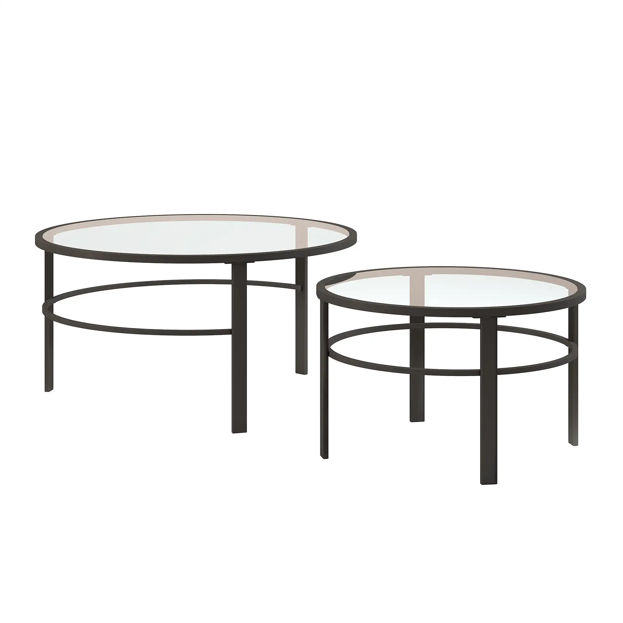 Set of Two 36 Clear And Black Glass And Steel Round Nested Coffee Tables