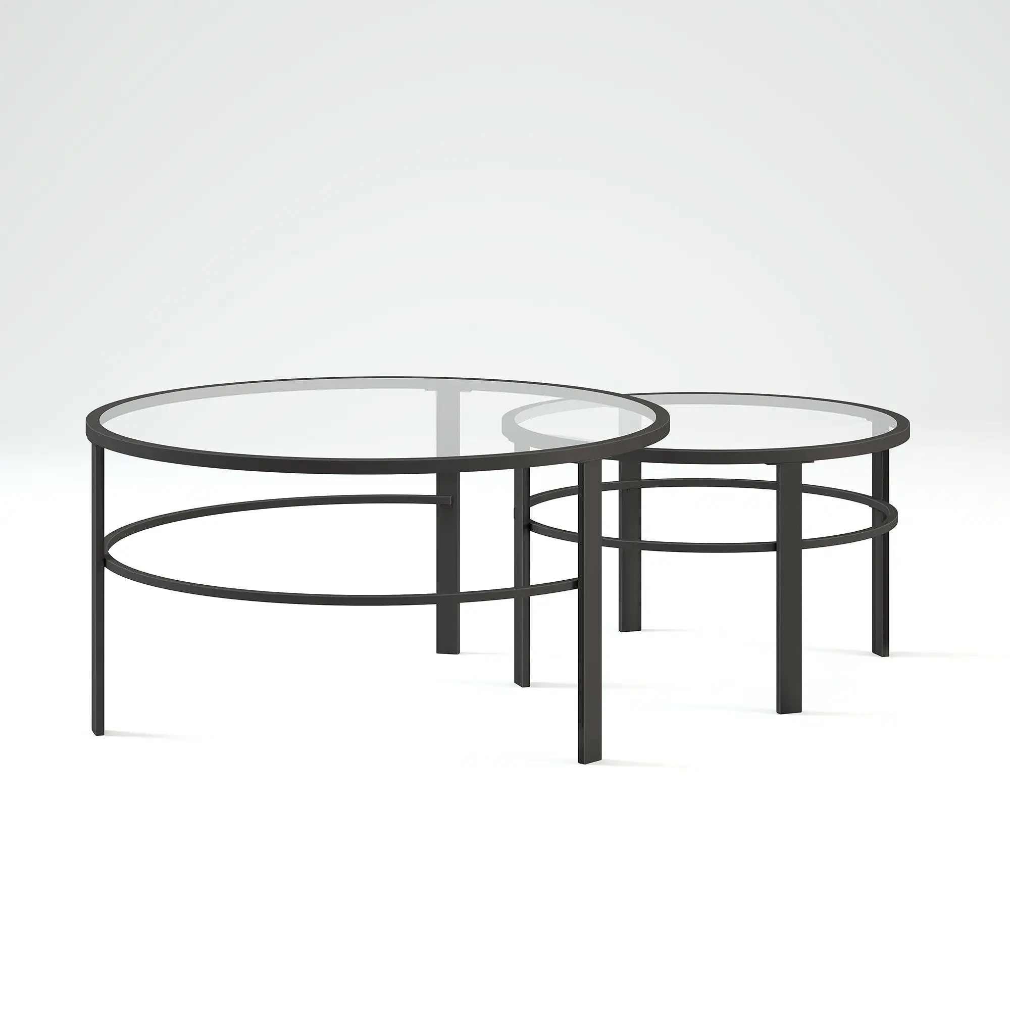 Set of Two 36 Clear And Black Glass And Steel Round Nested Coffee Tables