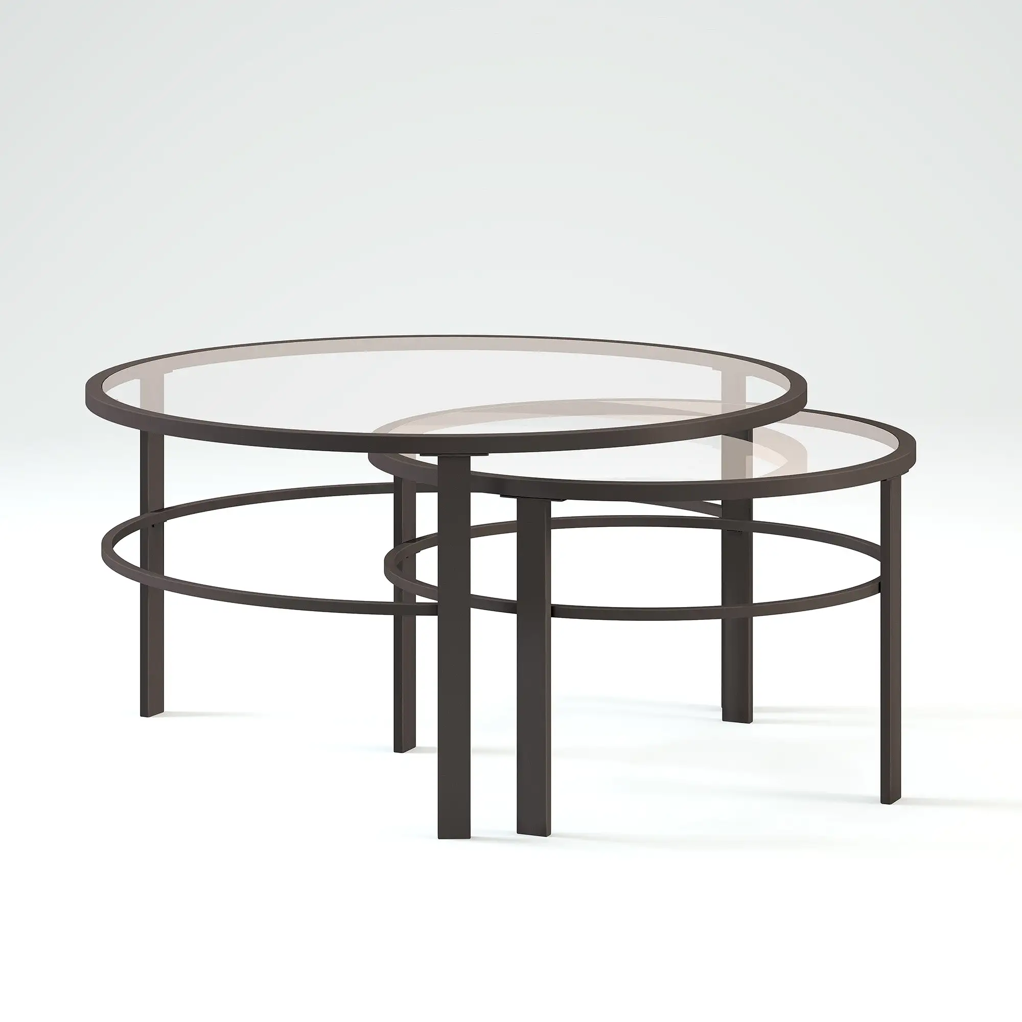 Set of Two 36 Clear And Black Glass And Steel Round Nested Coffee Tables