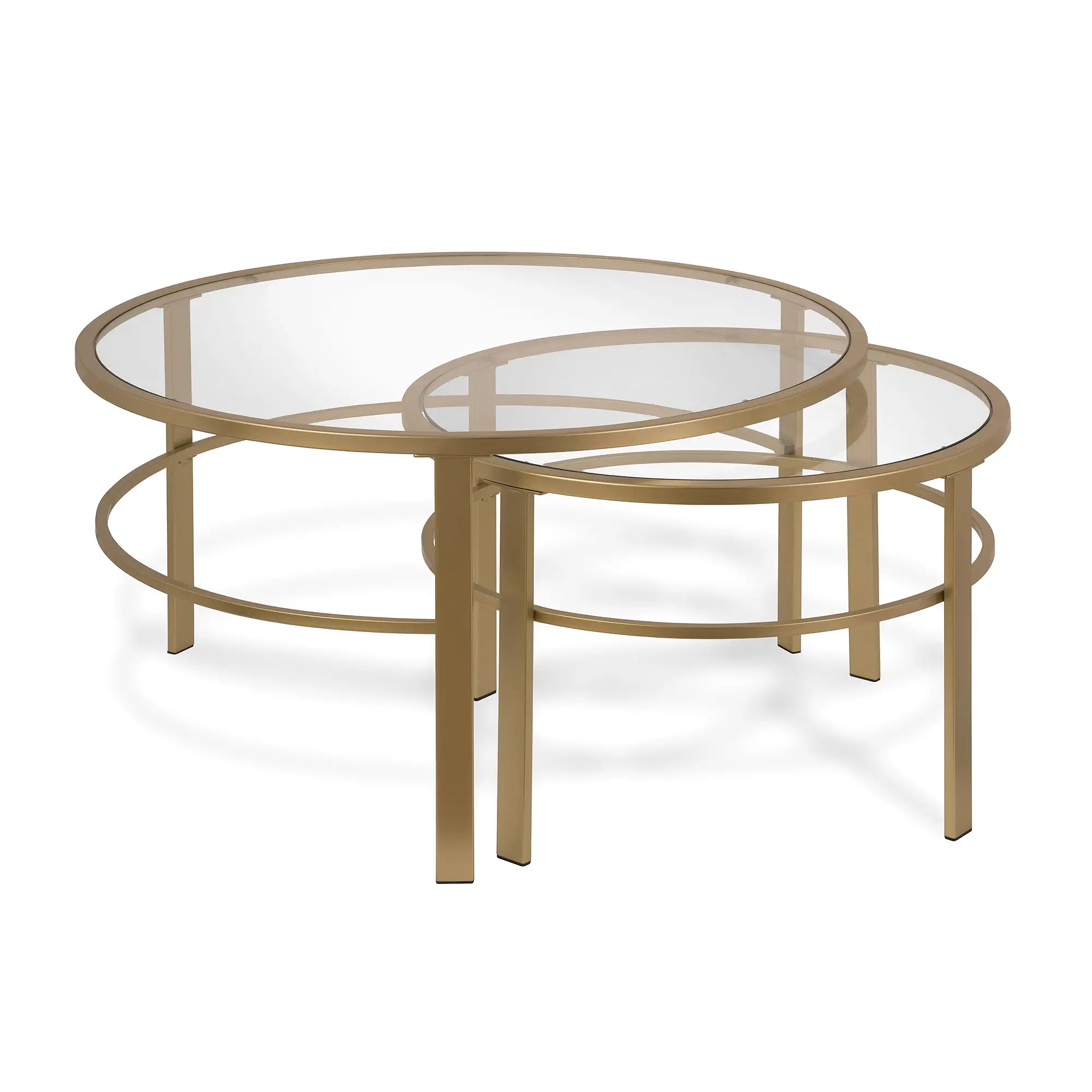 Set of Two 36 Gold Glass And Steel Round Nested Coffee Tables