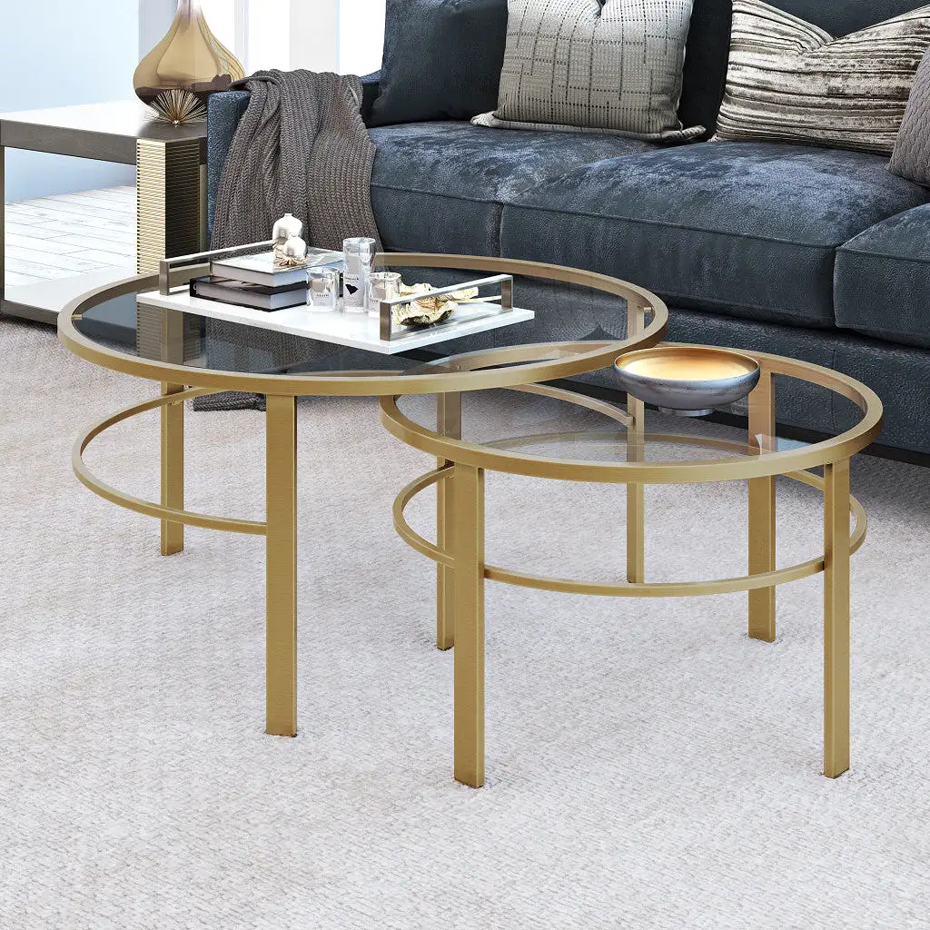 Set of Two 36 Gold Glass And Steel Round Nested Coffee Tables