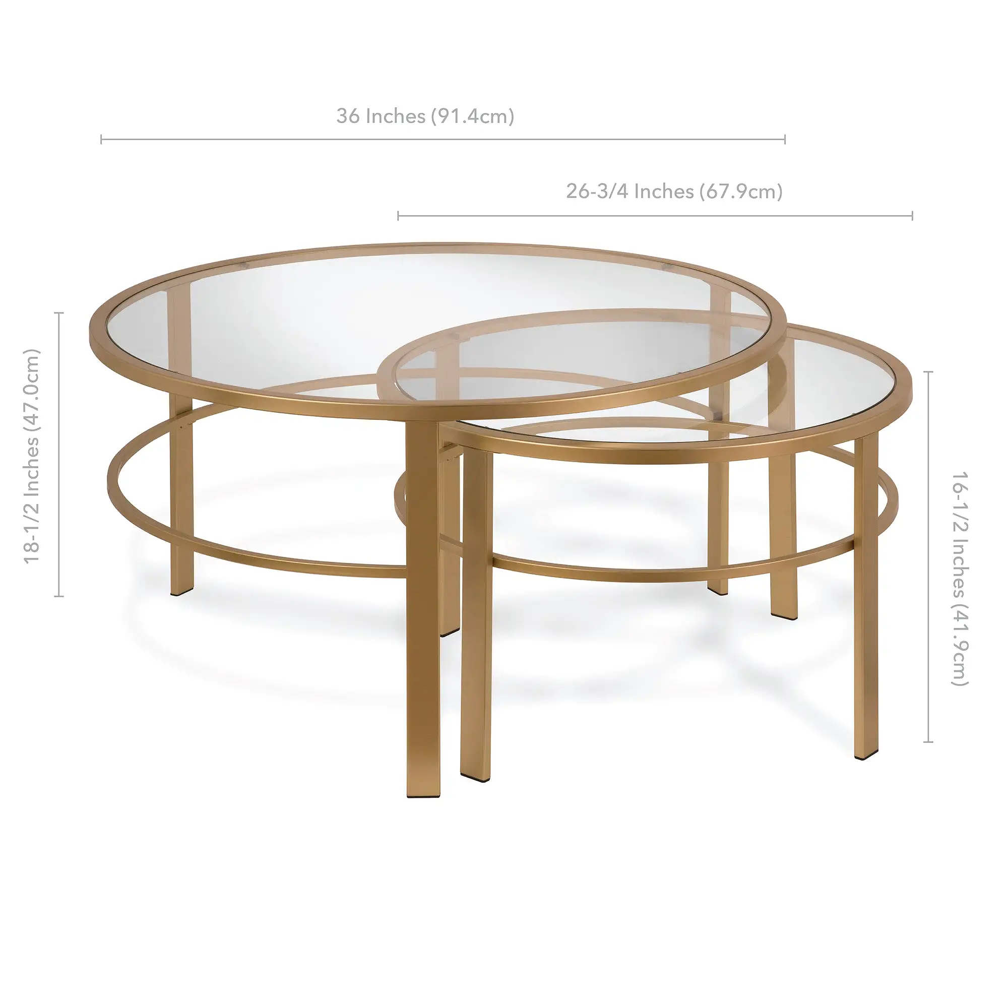 Set of Two 36 Gold Glass And Steel Round Nested Coffee Tables