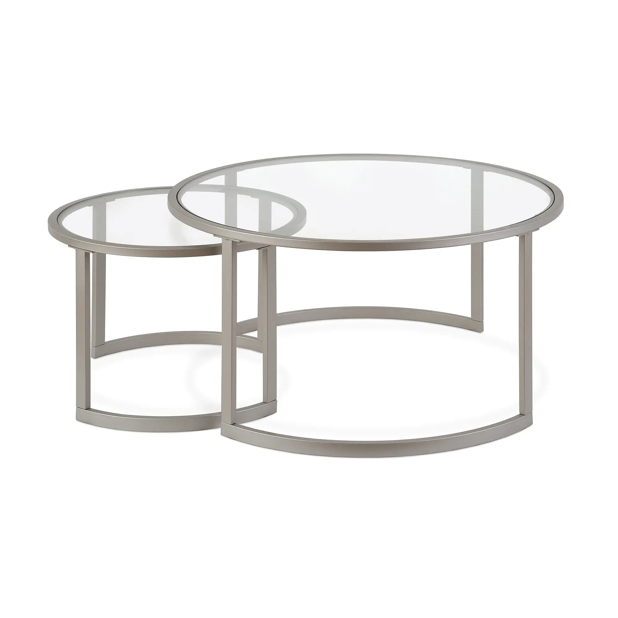 Set of Two 36 Nickel Glass And Steel Round Nested Coffee Tables